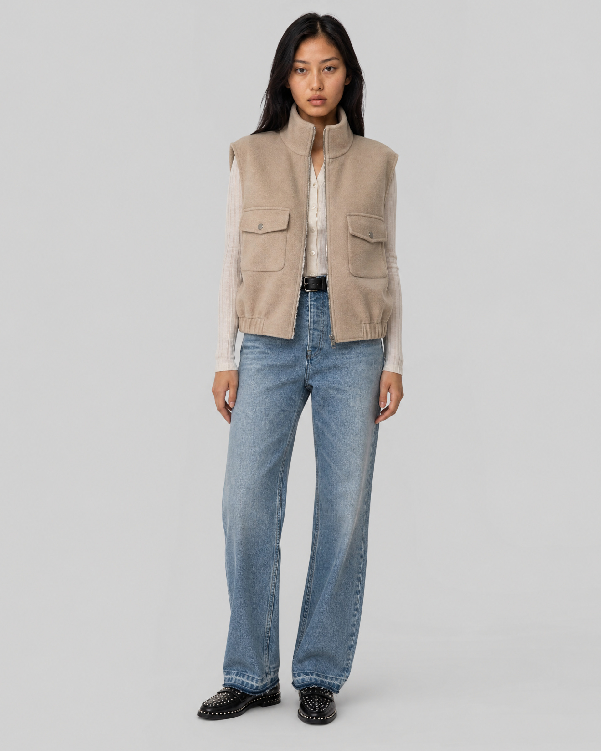 Beige reversible wool sleeveless jacket