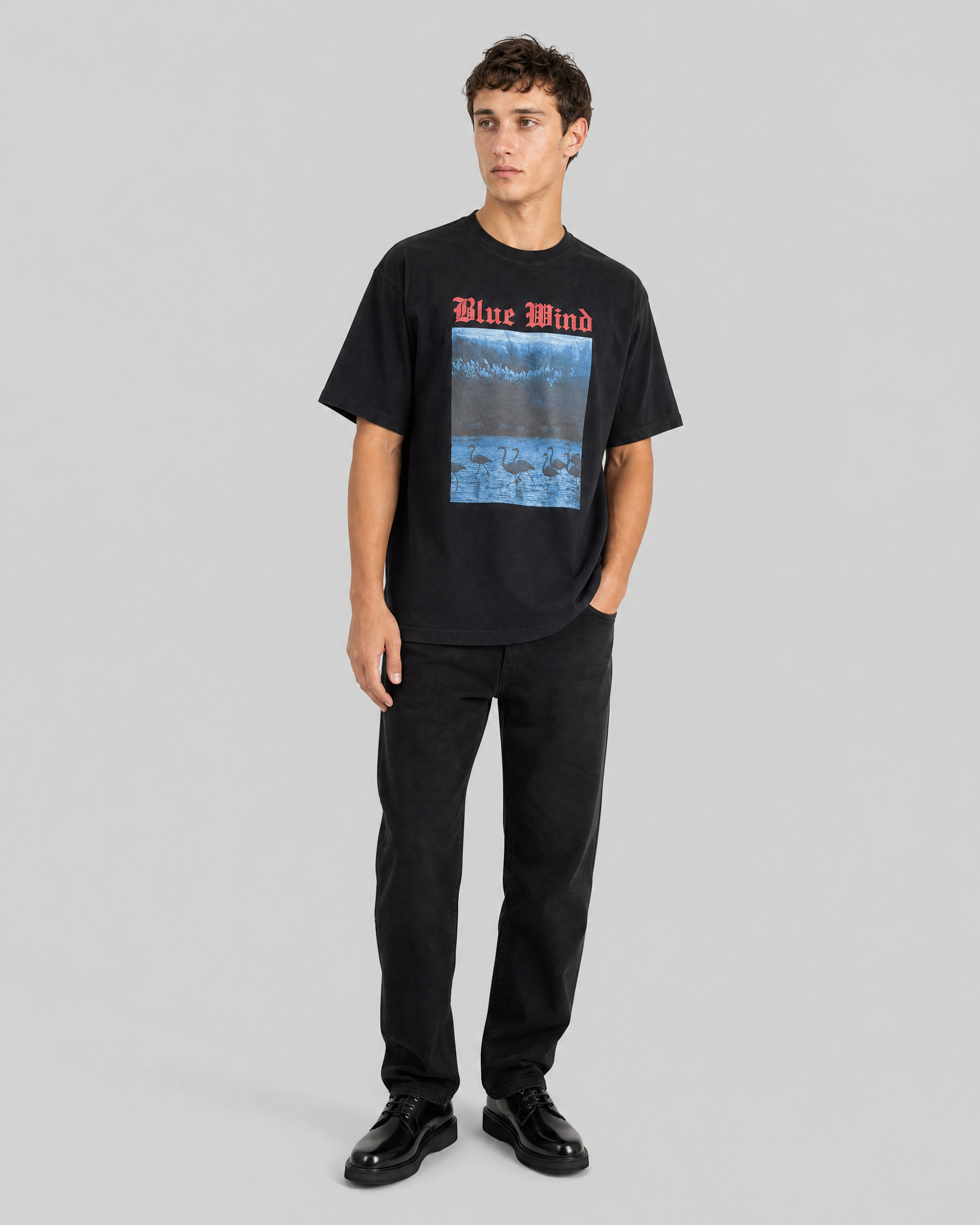 Black Blue Wind Screen-Printed T-Shirt