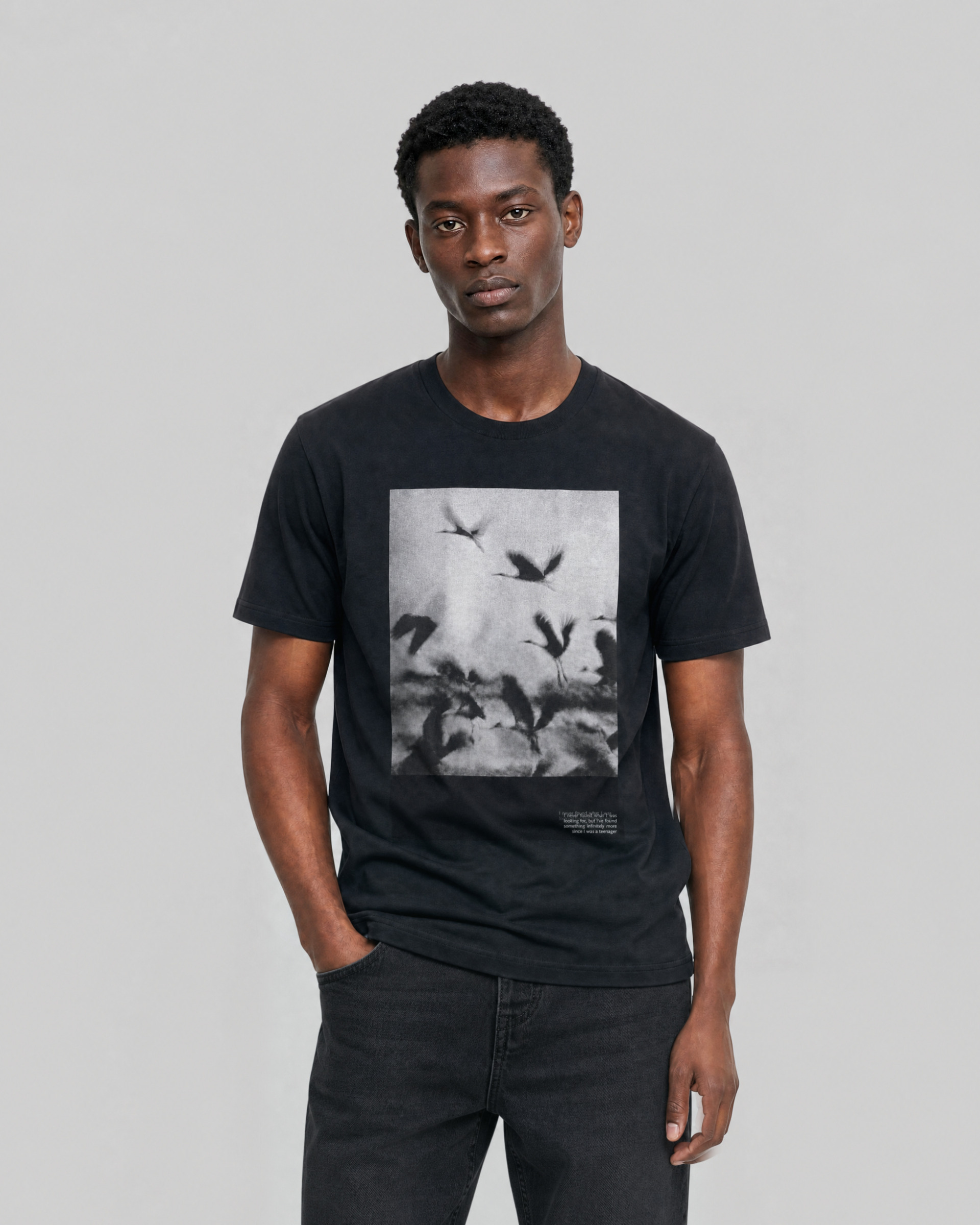 Black T-shirt with screen-printed birds