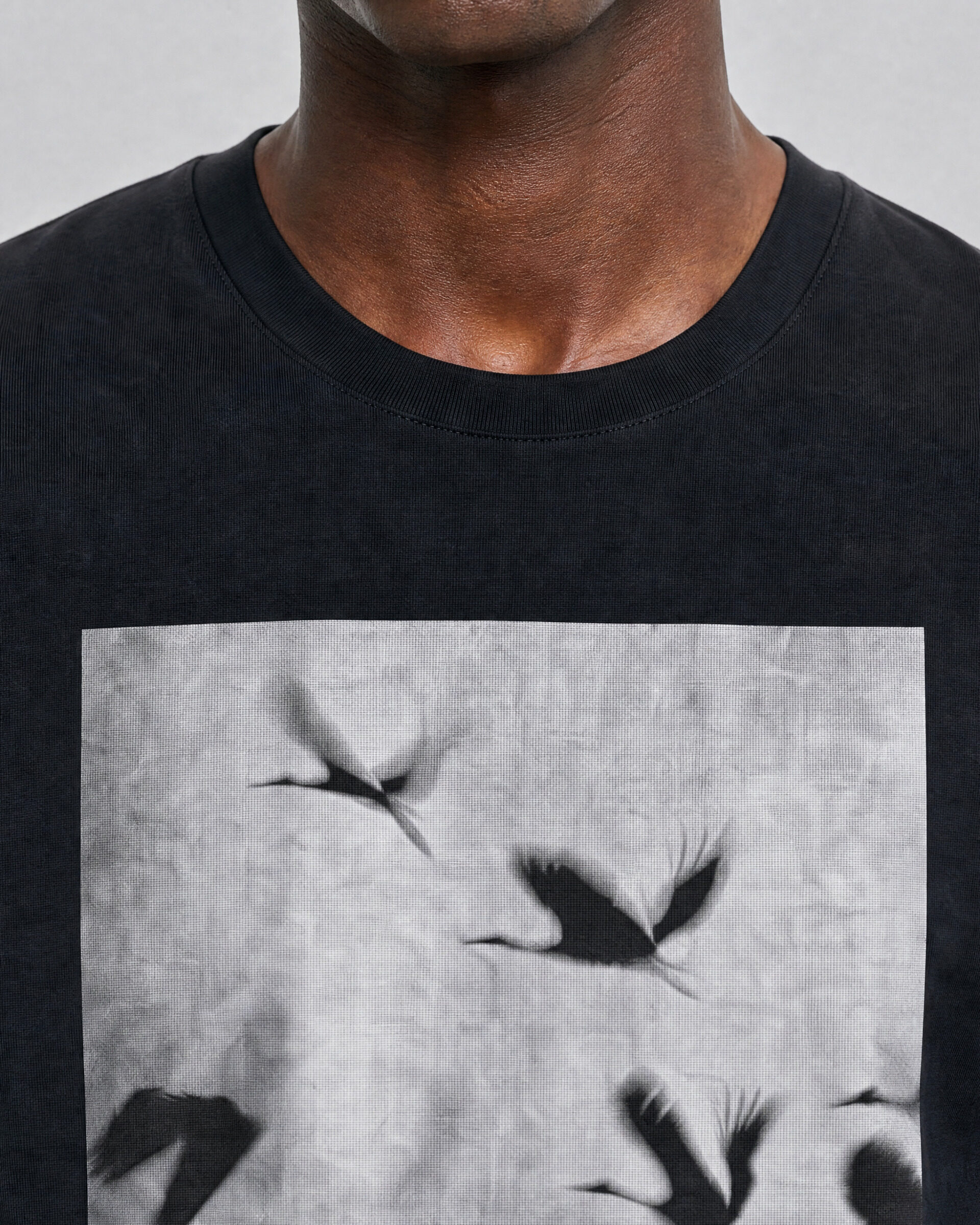 Black T-shirt with screen-printed birds