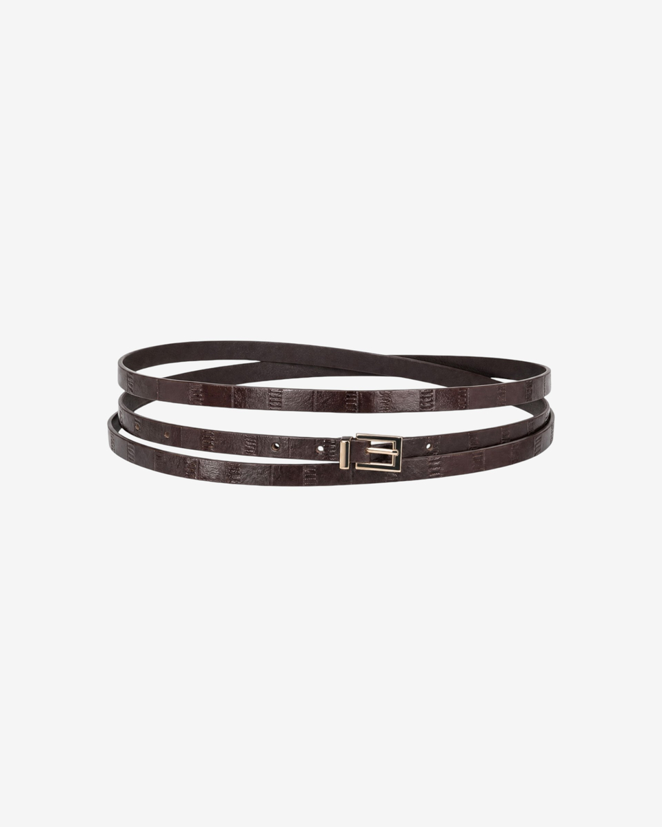 Thin brown leather belt with an eel-like texture