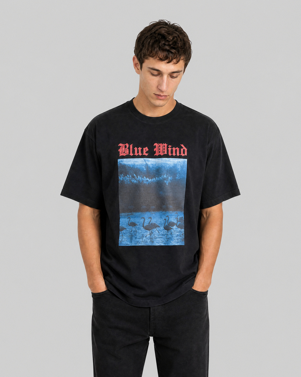 Black Blue Wind Screen-Printed T-Shirt