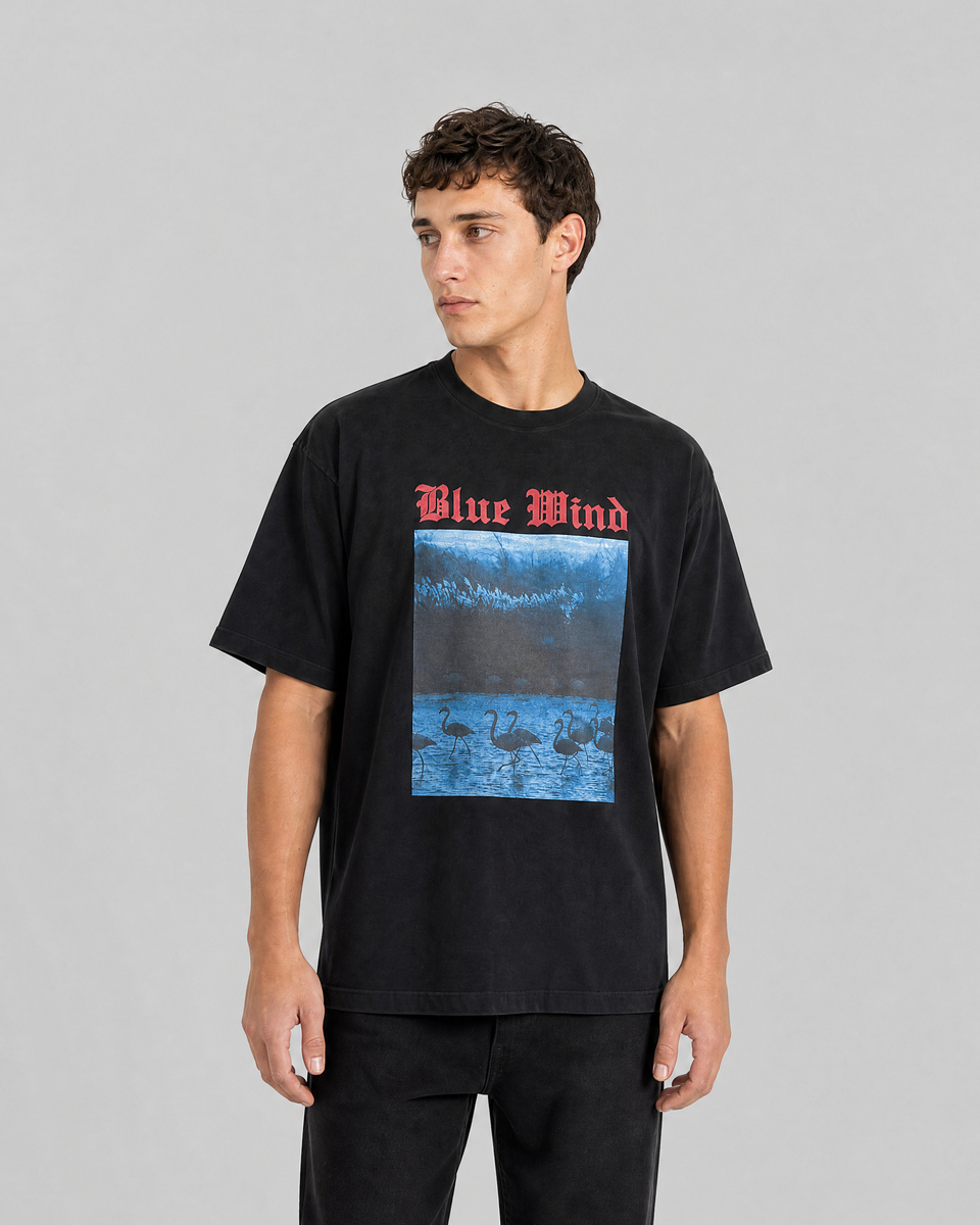 Black Blue Wind Screen-Printed T-Shirt