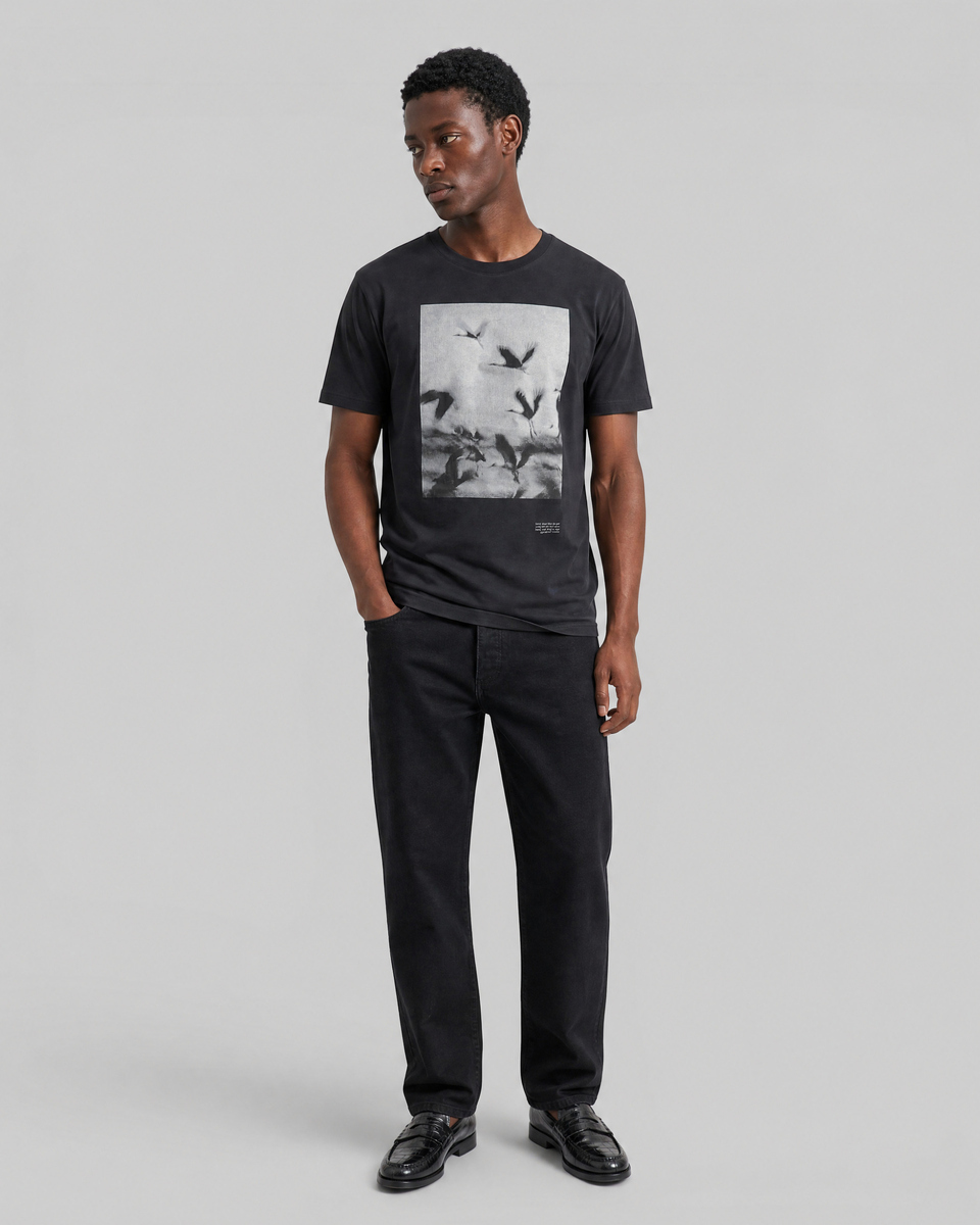 Black T-shirt with screen-printed birds