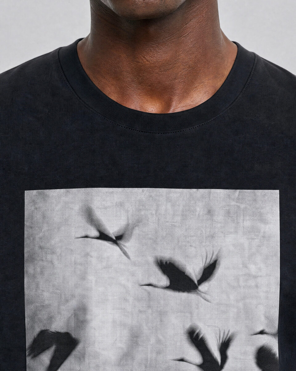 Black T-shirt with screen-printed birds