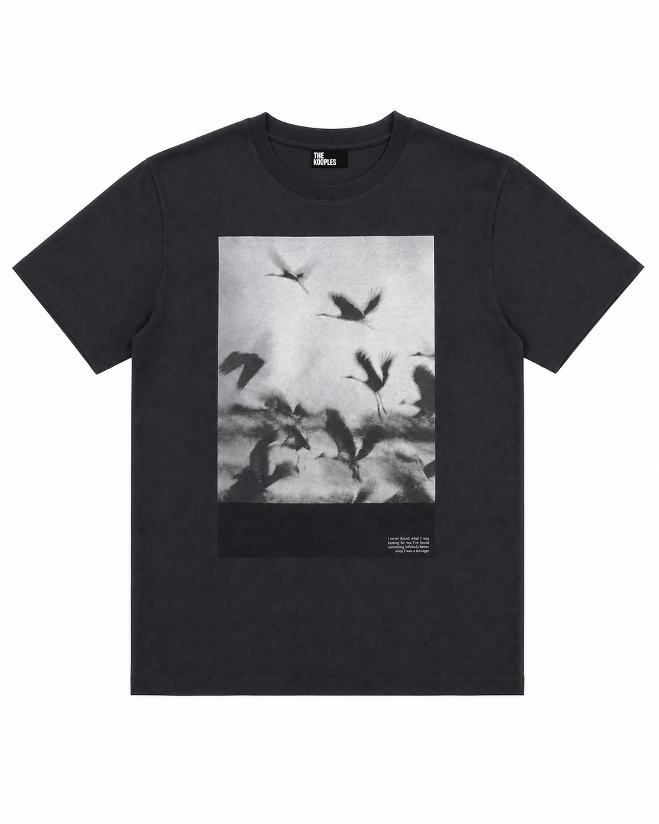 Black T-shirt with screen-printed birds