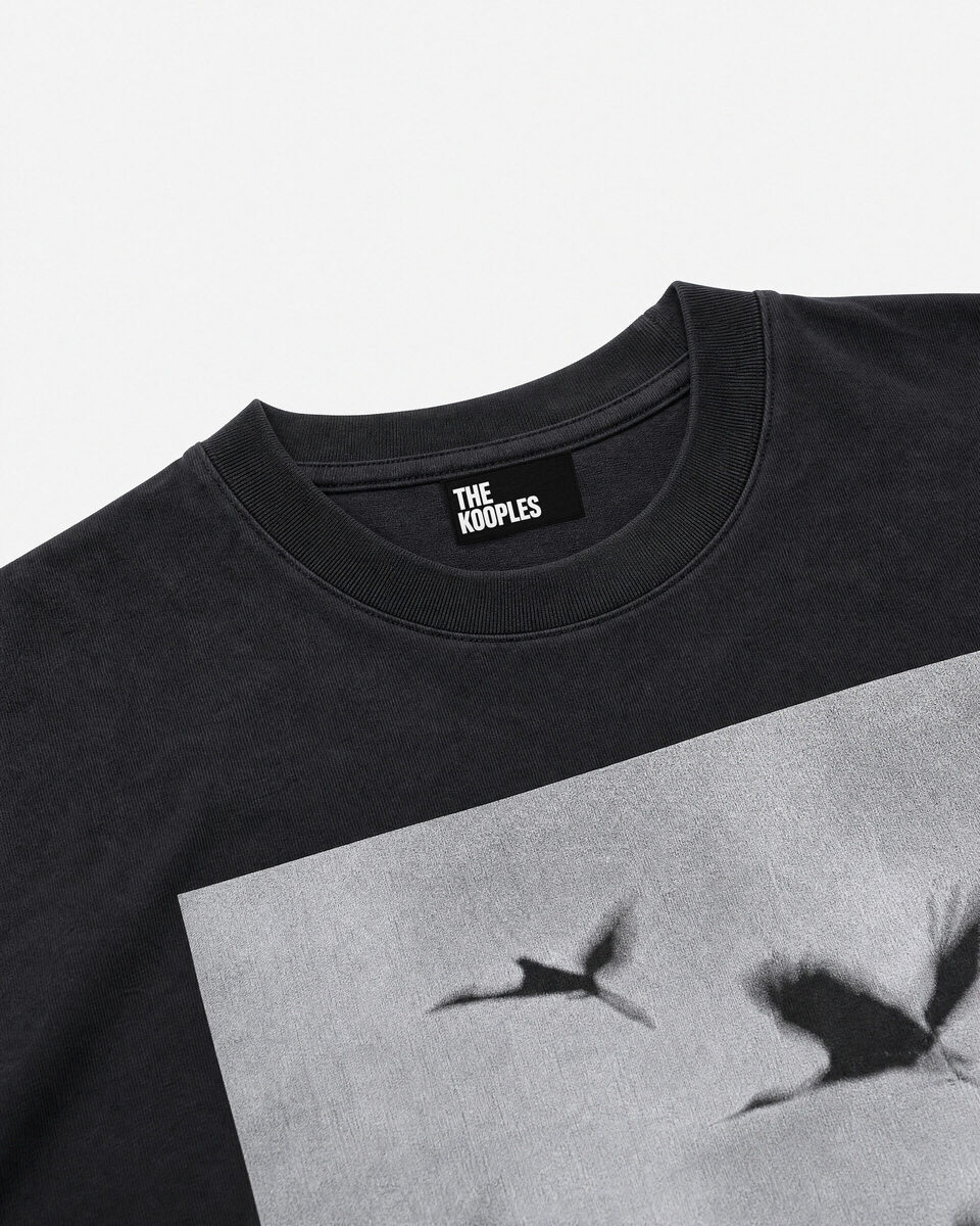 Black T-shirt with screen-printed birds