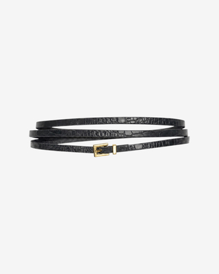 Thin black crocodile-print leather belt