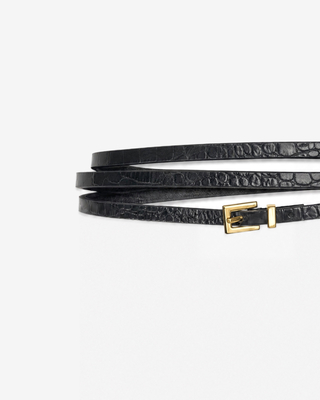 Thin black crocodile-print leather belt