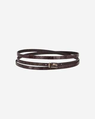 Thin brown leather belt with an eel-like texture