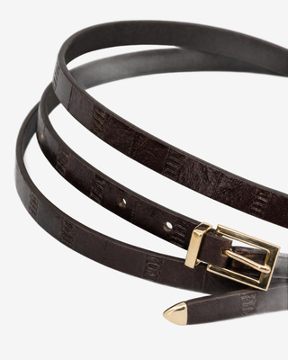 Thin brown leather belt with an eel-like texture