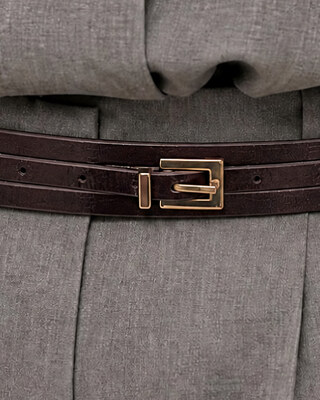Thin brown leather belt with an eel-like texture