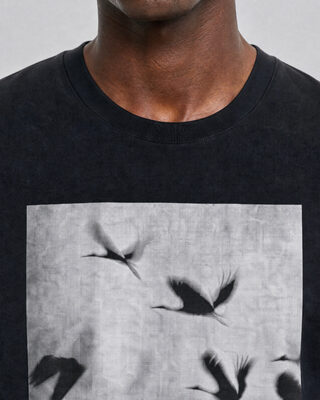 Black T-shirt with screen-printed birds