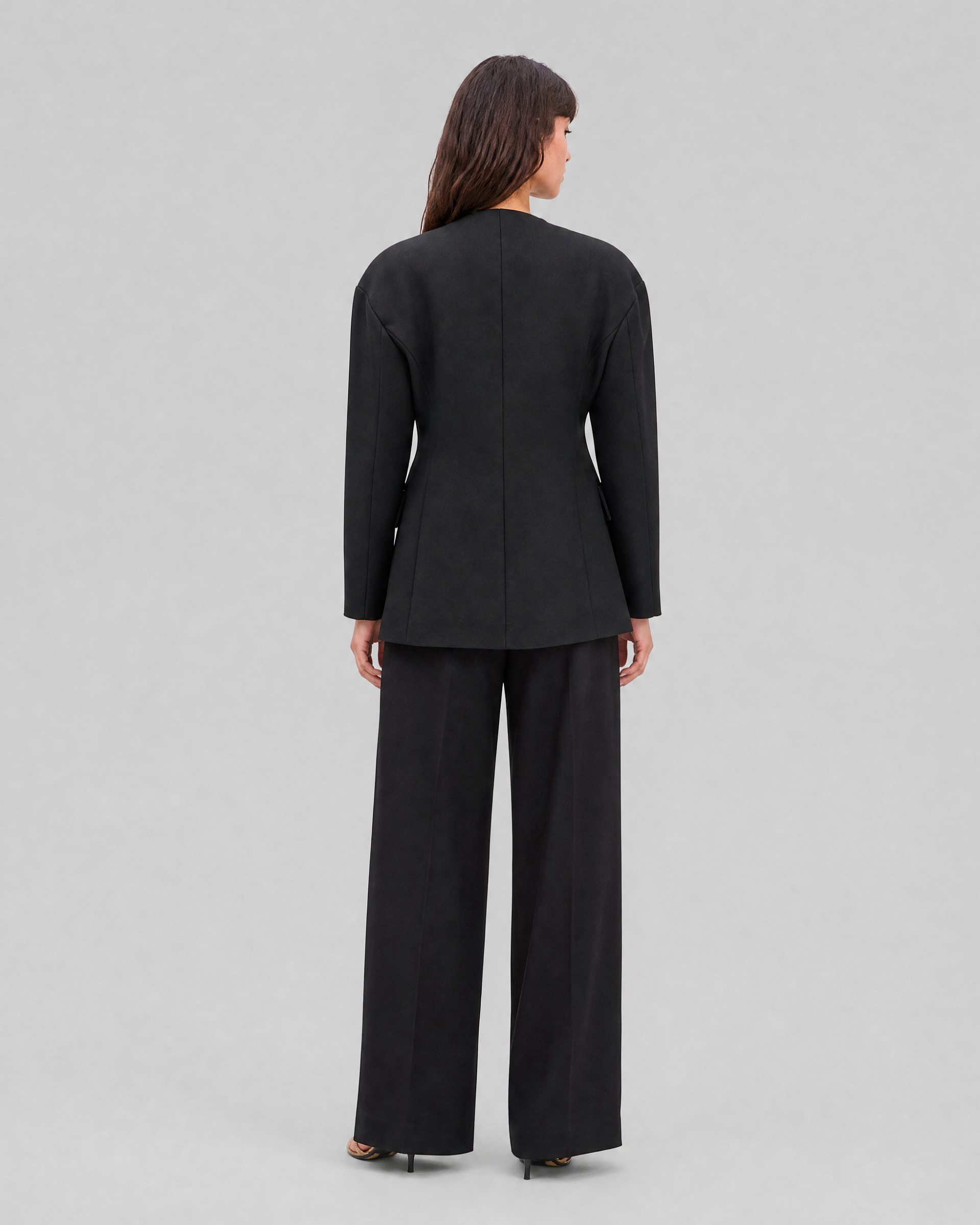 Black collarless wool jacket