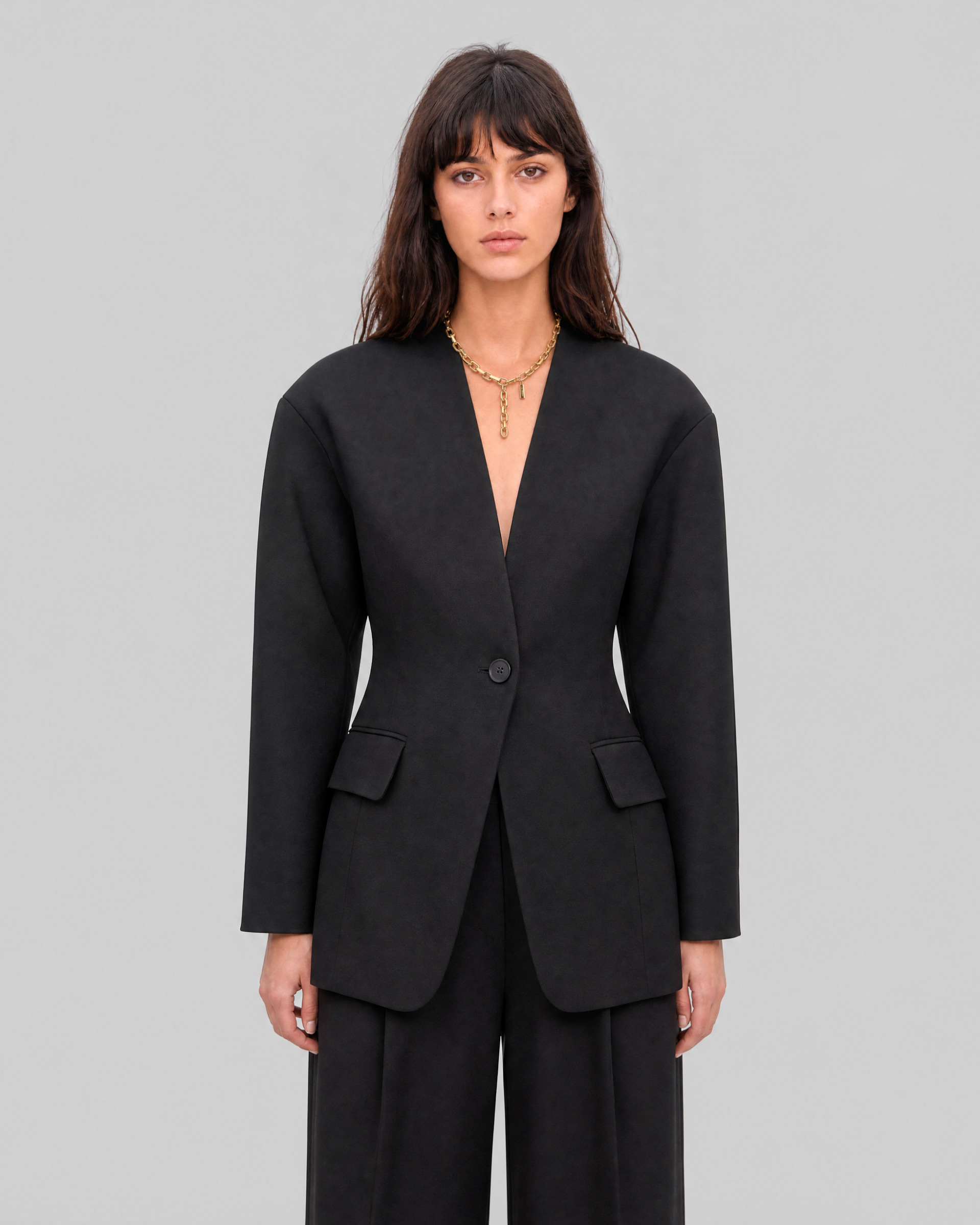 Black collarless wool jacket