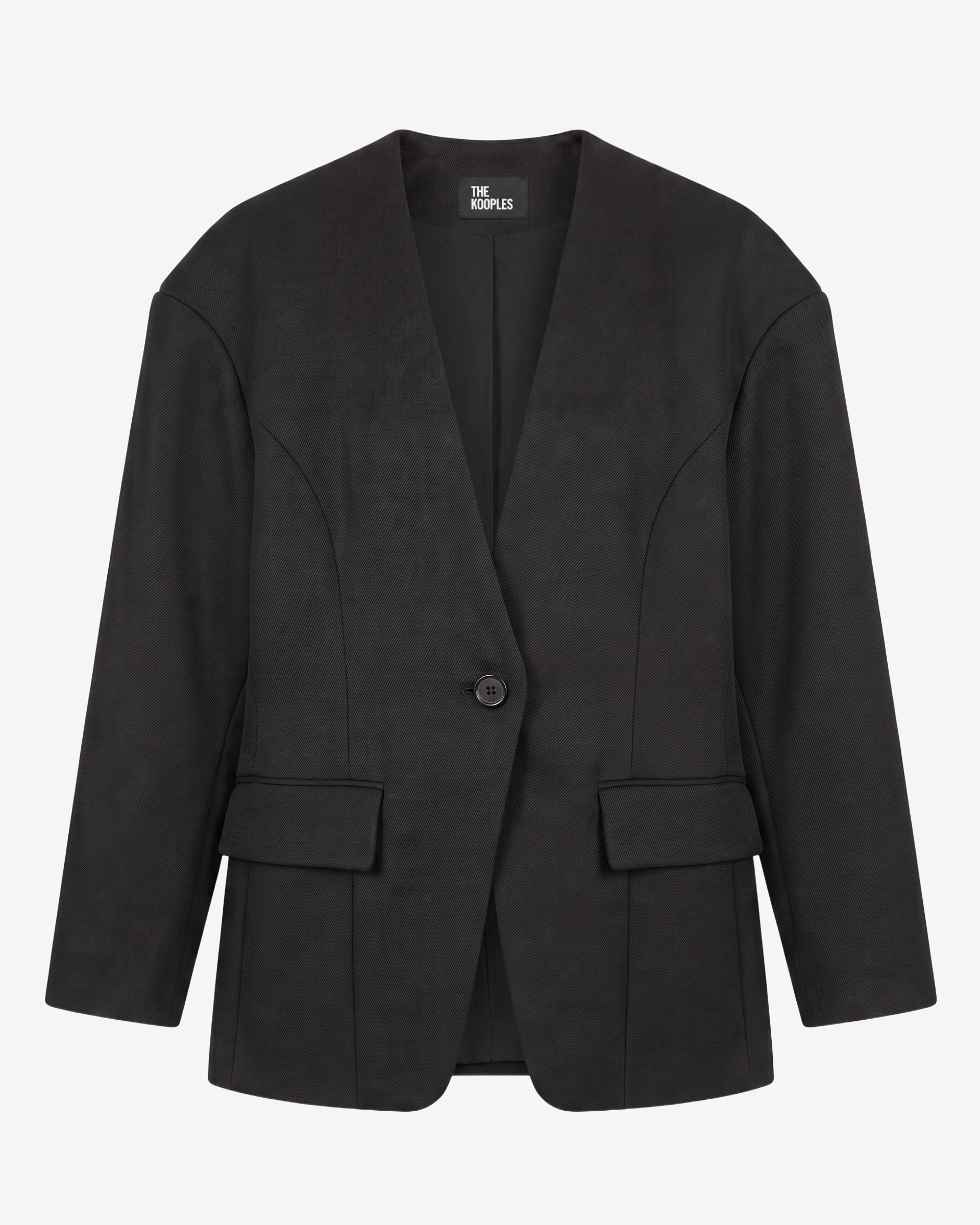 Black collarless wool jacket
