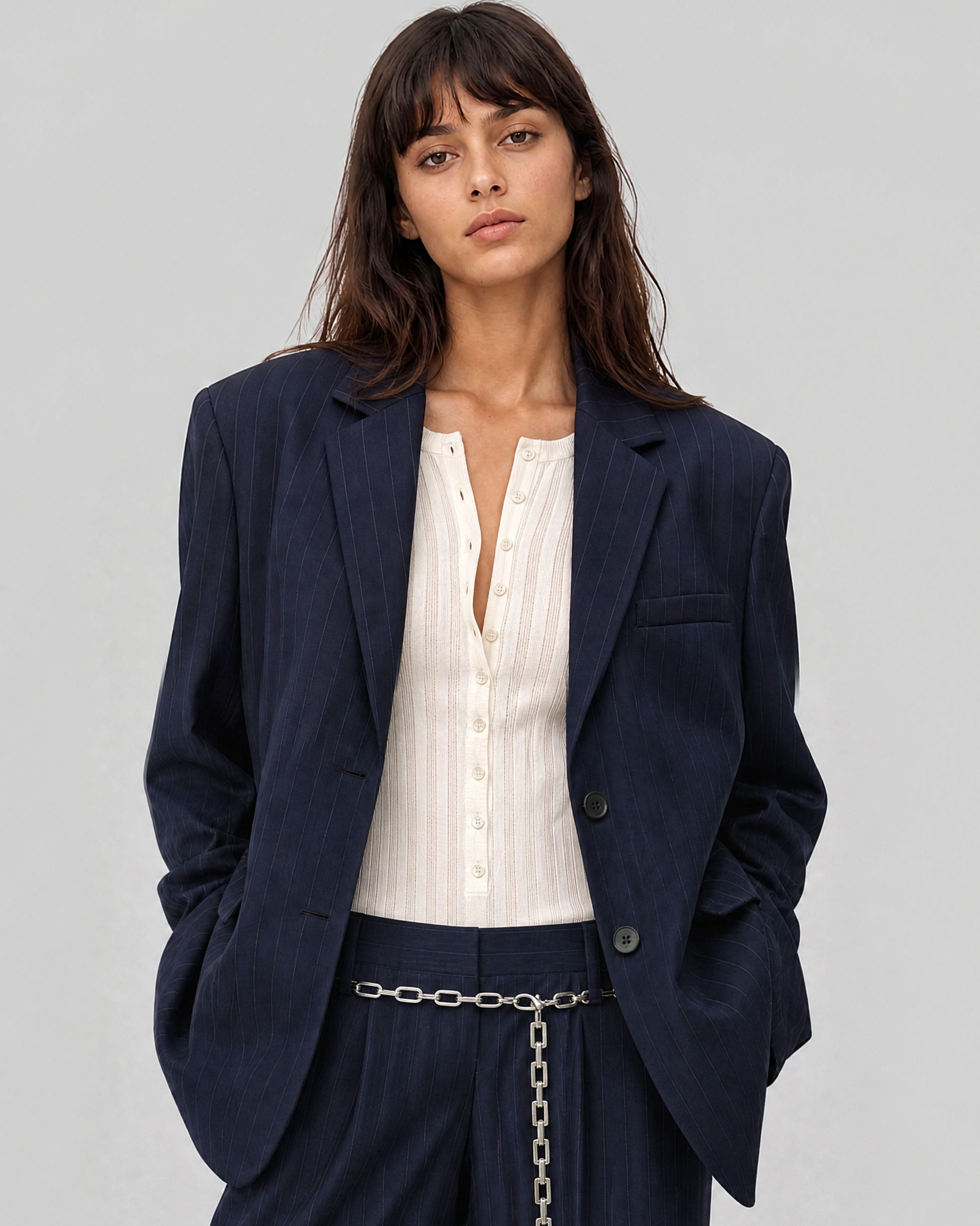 Loose-fitting wool blazer with a fine navy stripe pattern