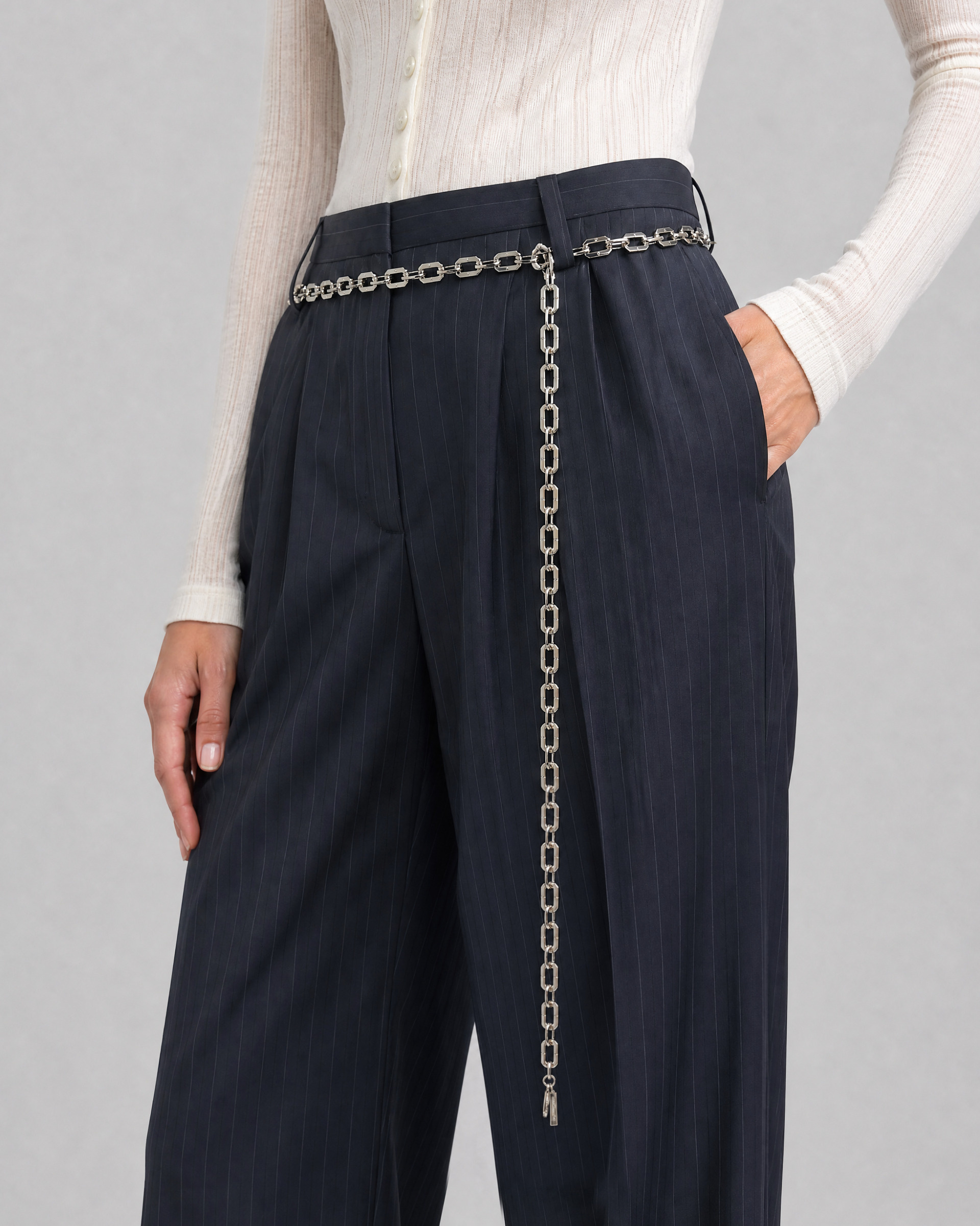 Wide-leg wool suit pants with a fine navy stripe pattern