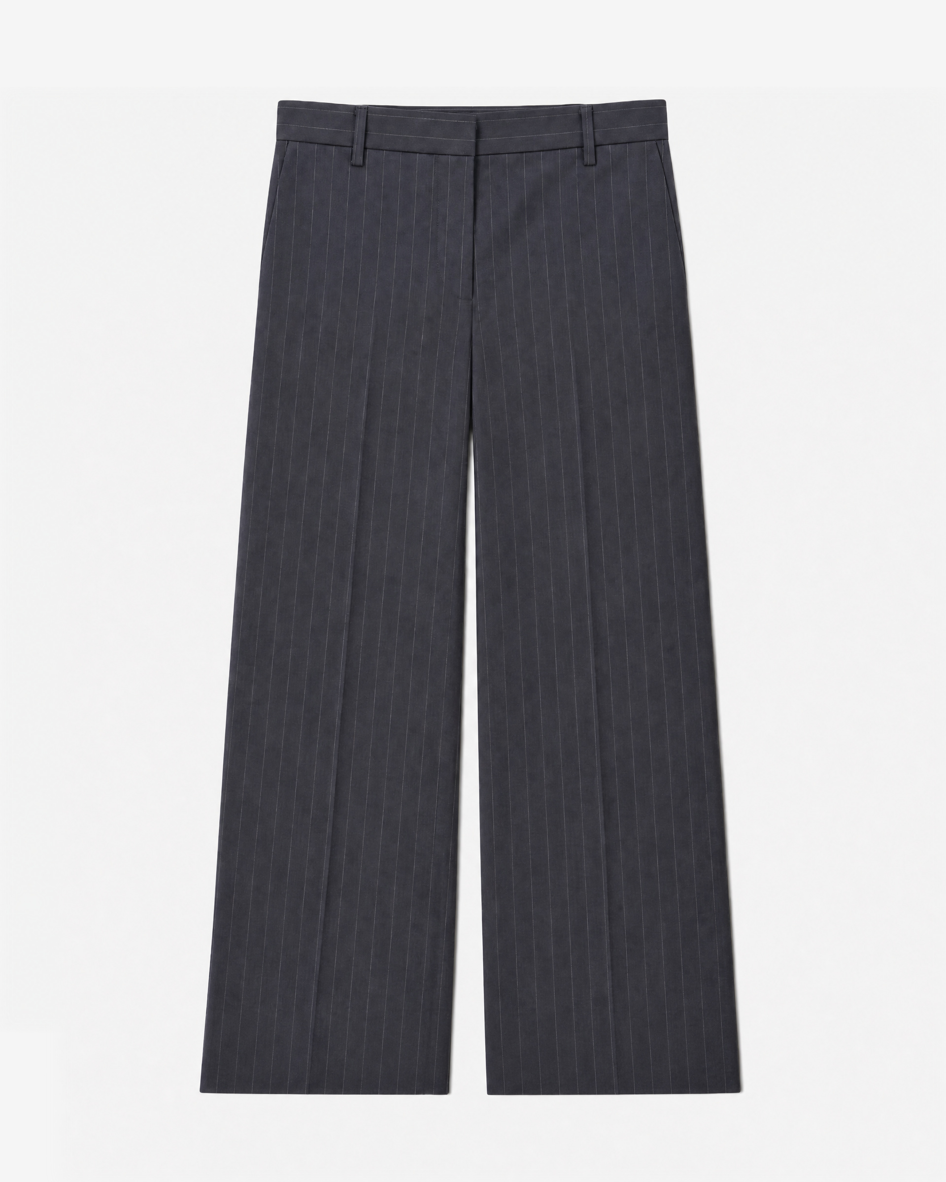 Wide-leg wool suit pants with a fine navy stripe pattern