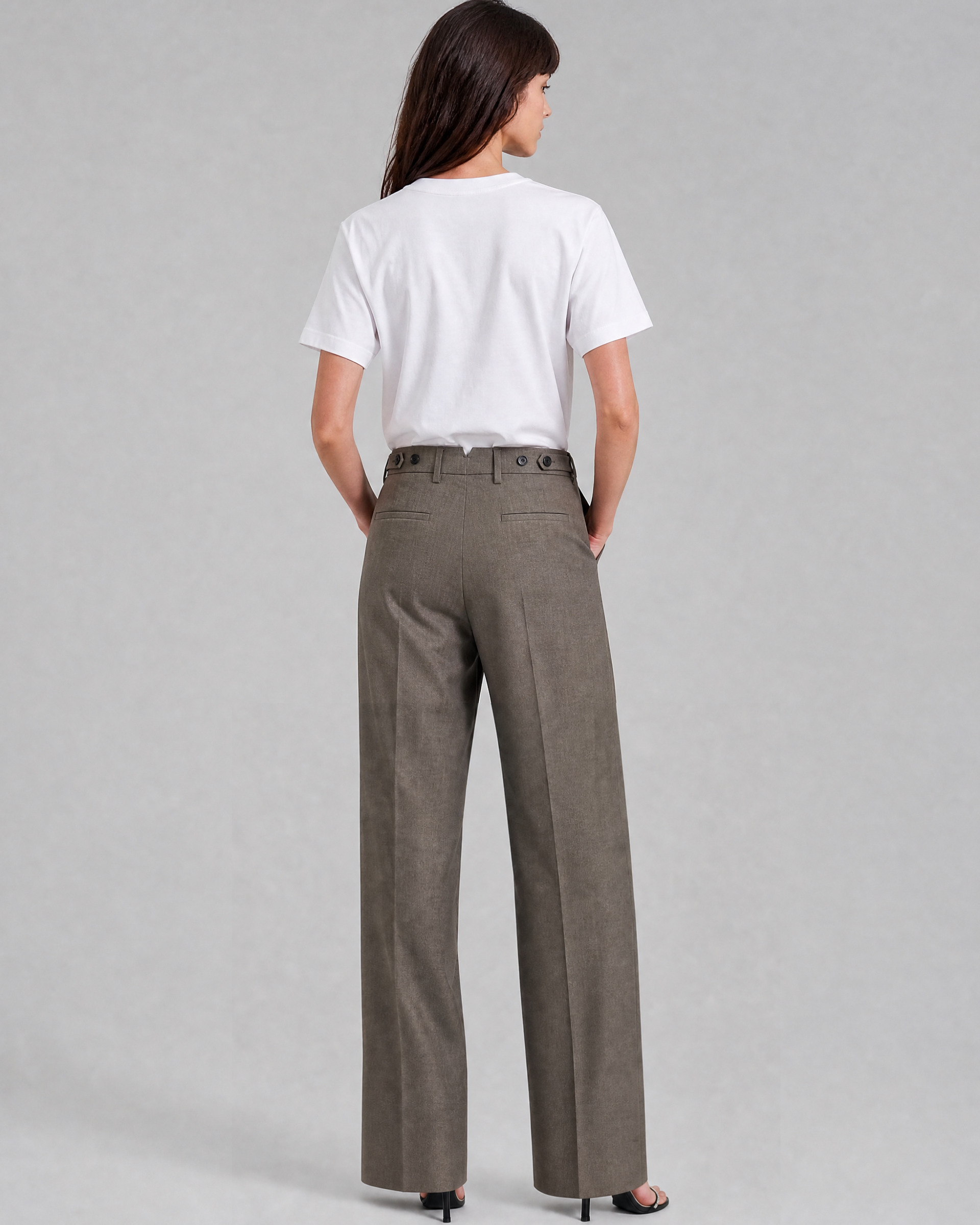 Wide-leg beige wool suit pants