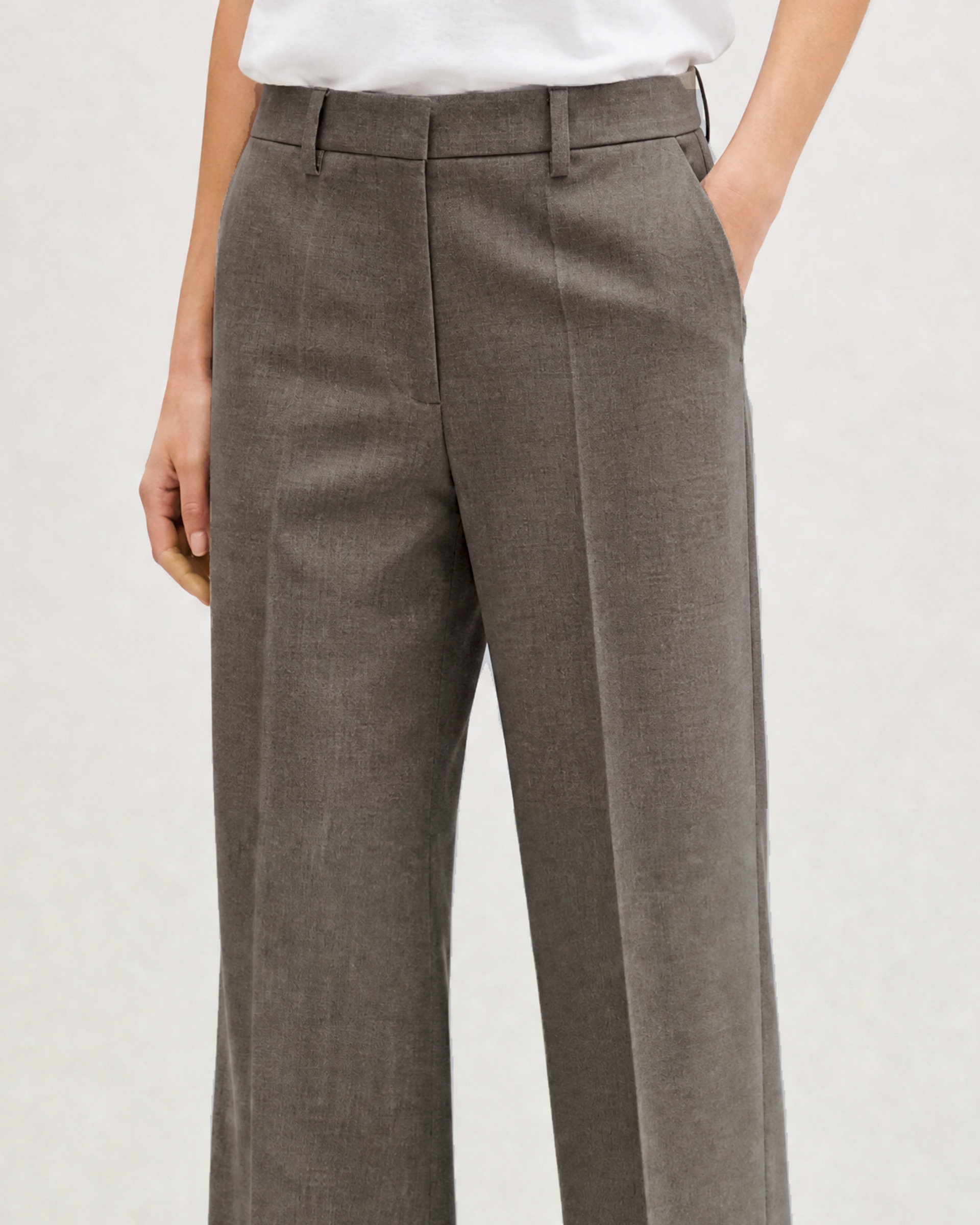 Wide-leg beige wool suit pants