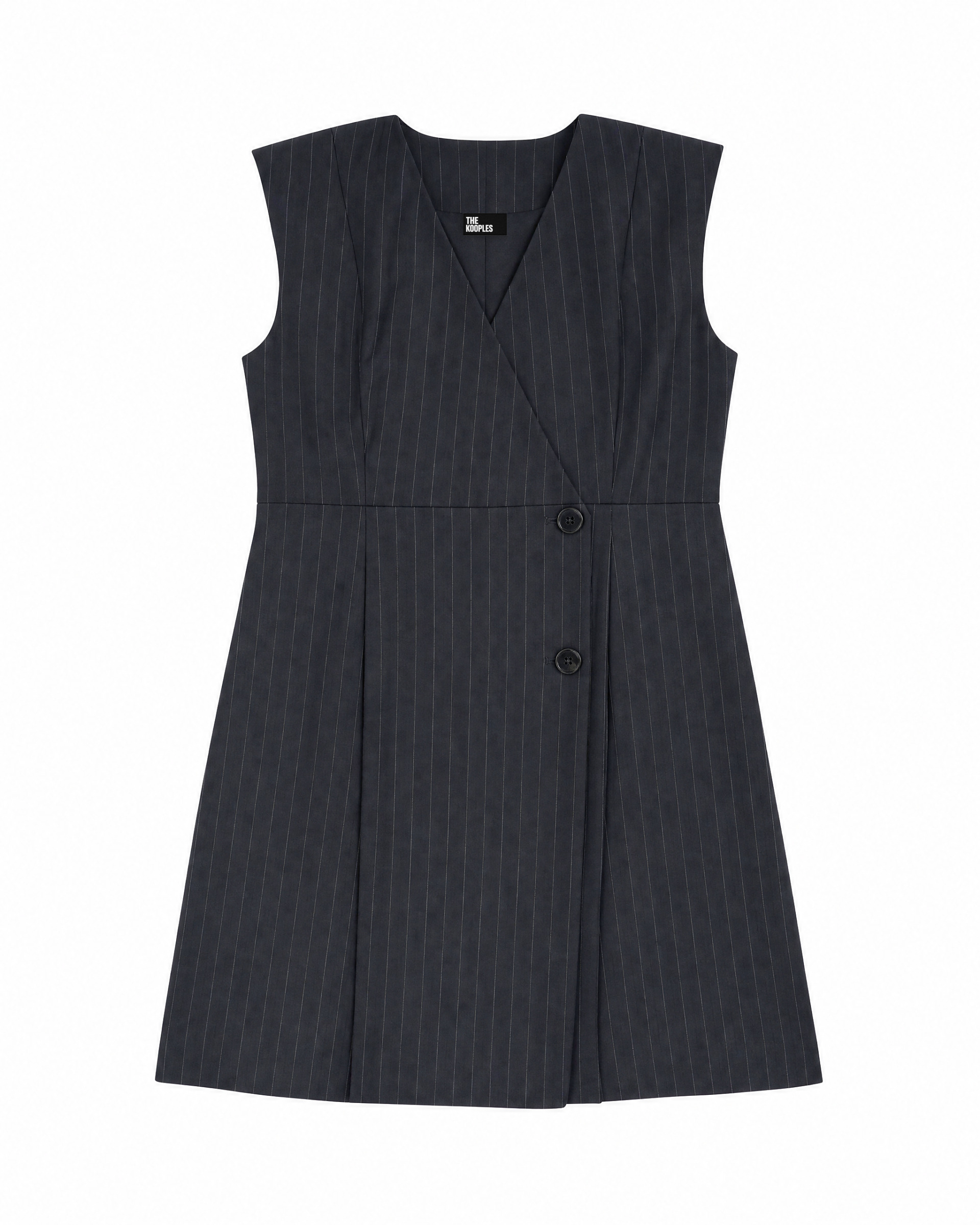 Short, wrap-style dress in navy-striped wool