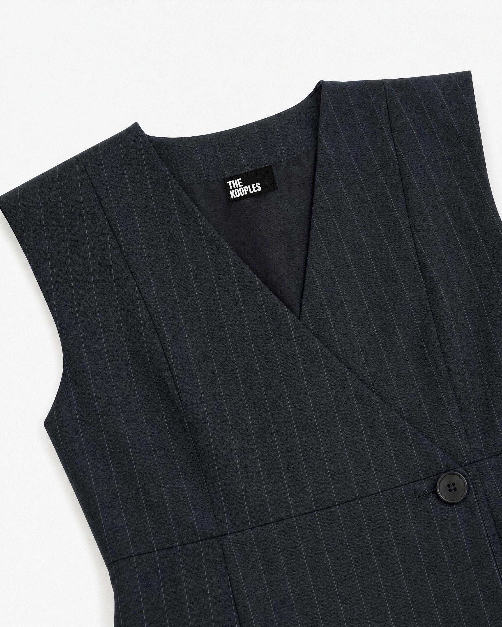 Short, wrap-style dress in navy-striped wool