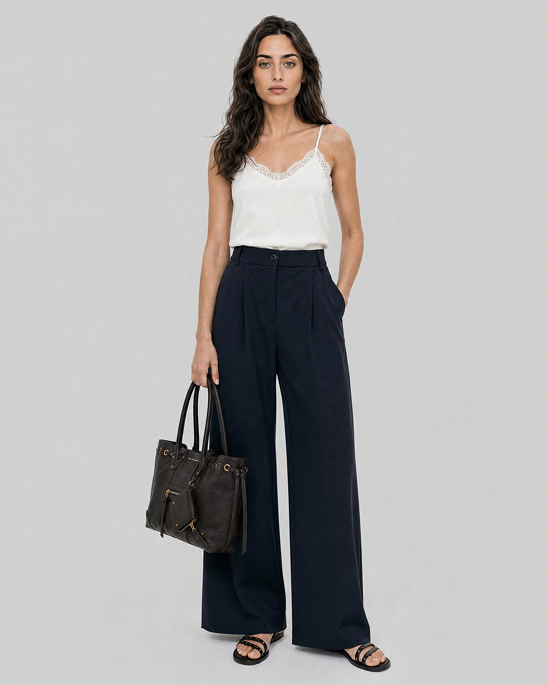 Wide-leg tailored pants in navy wool blend