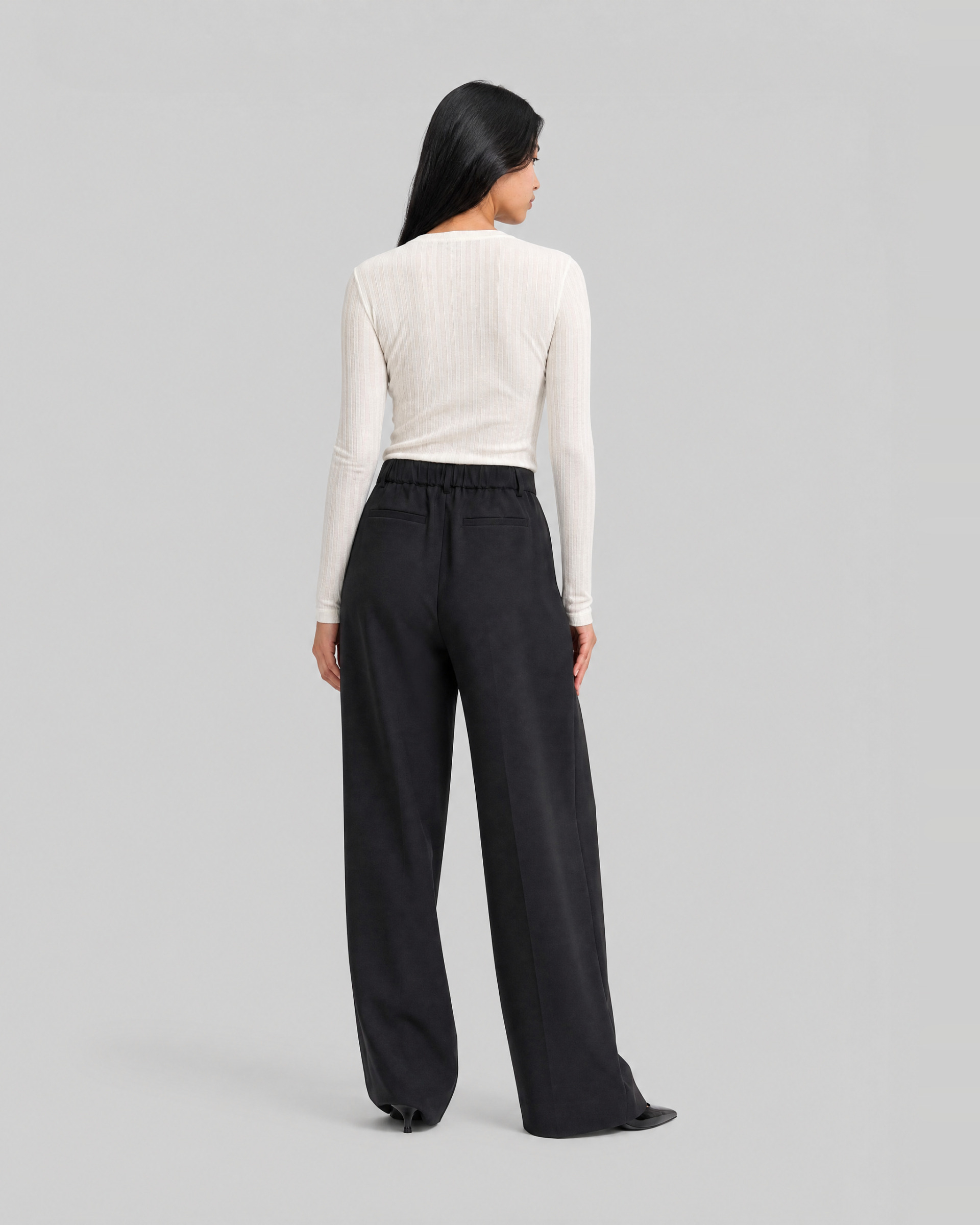 Wide-leg black wool-blend tailored pants