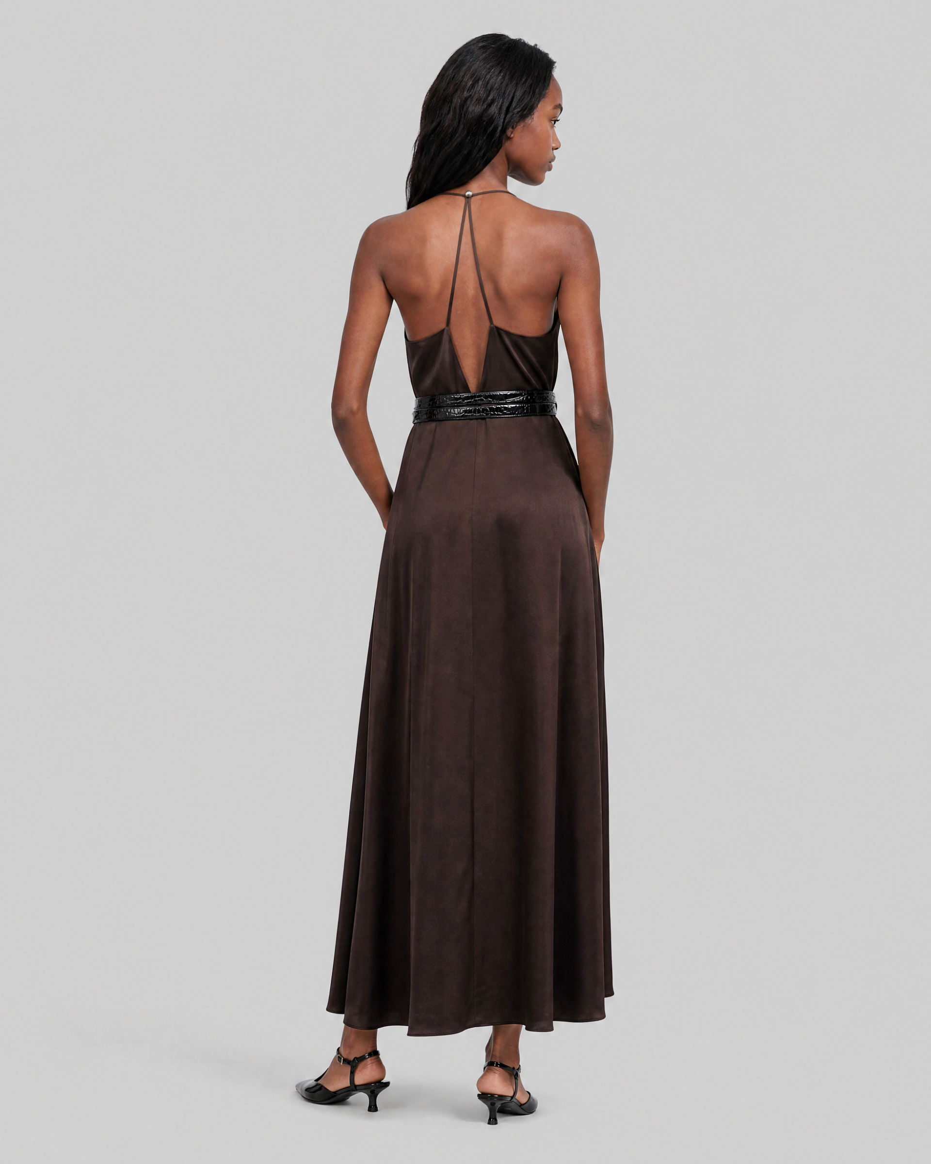 Brown satin maxi dress with a crossover back
