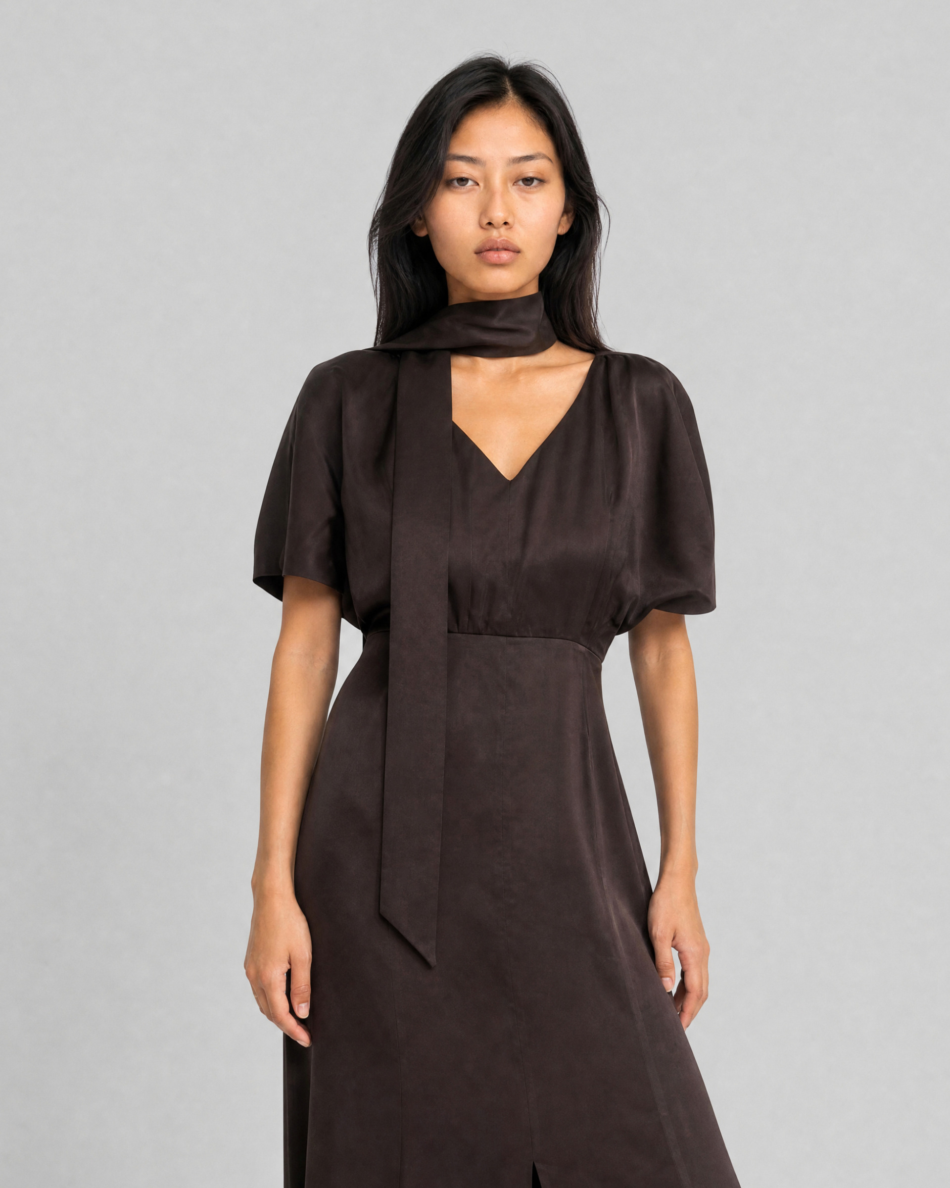 Brown satin maxi dress with a lavallière neckline