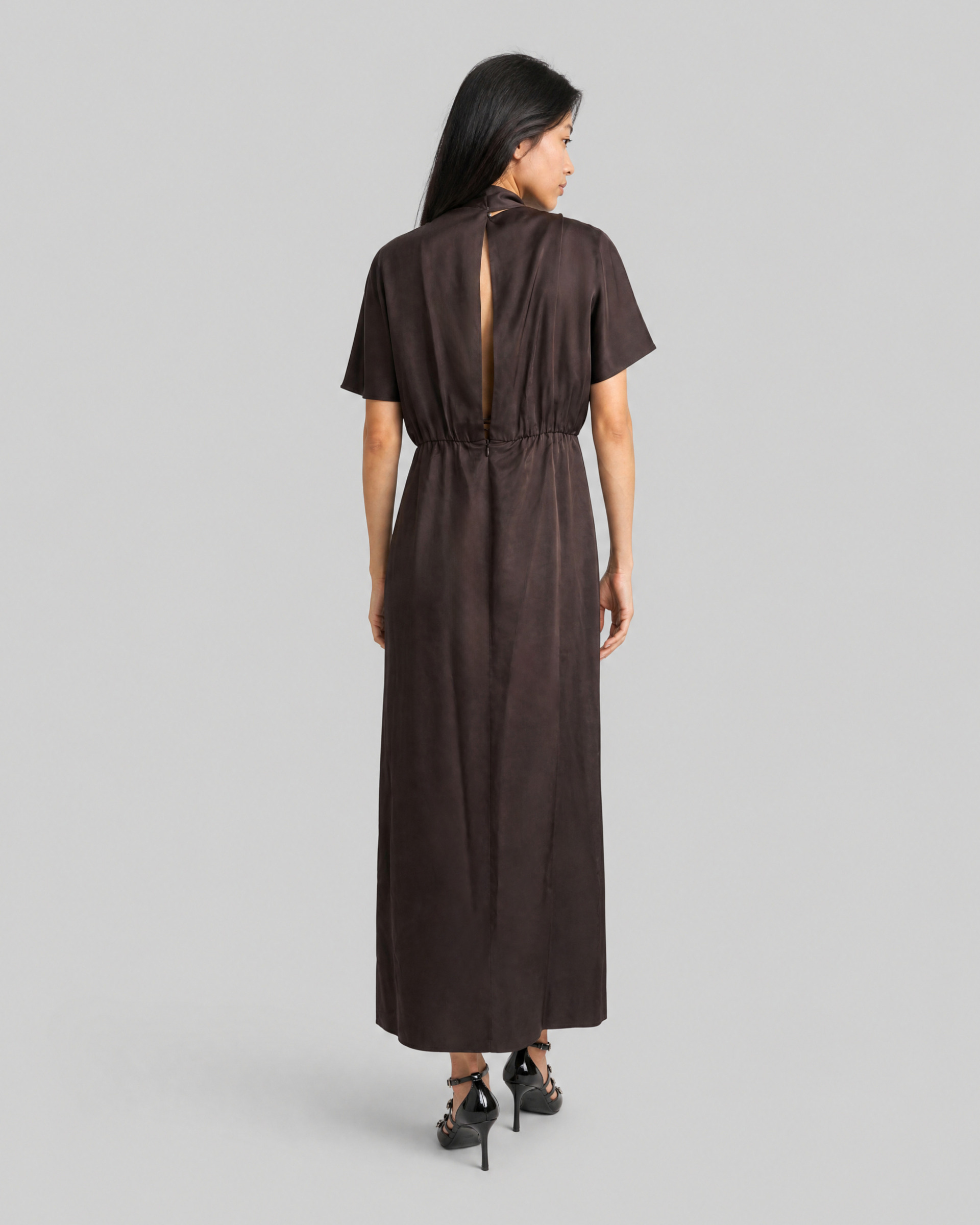 Brown satin maxi dress with a lavallière neckline