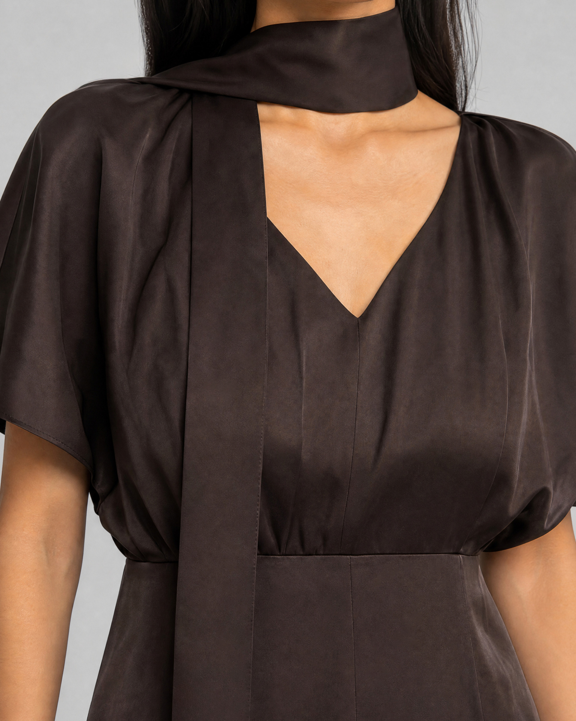 Brown satin maxi dress with a lavallière neckline