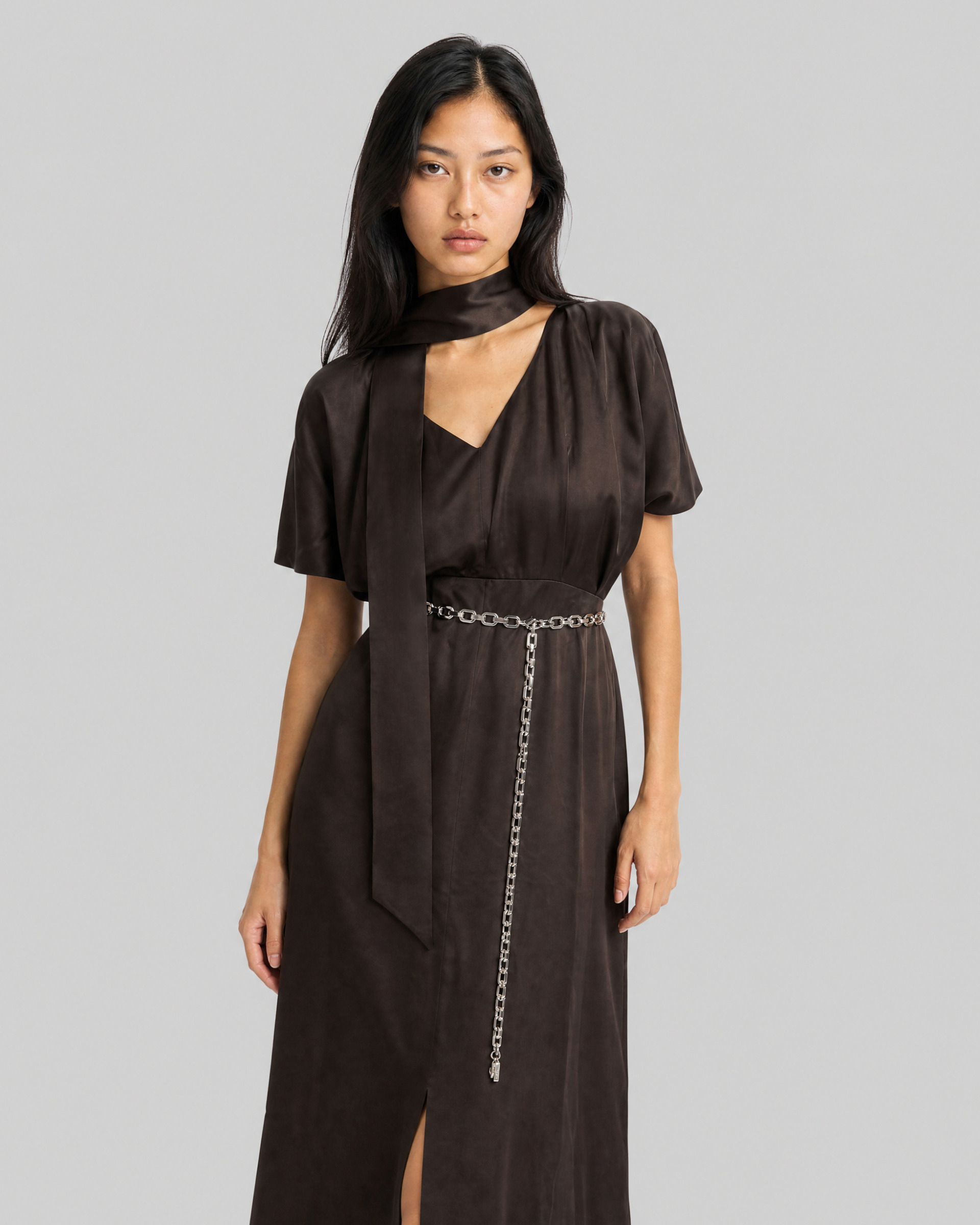 Brown satin maxi dress with a lavallière neckline