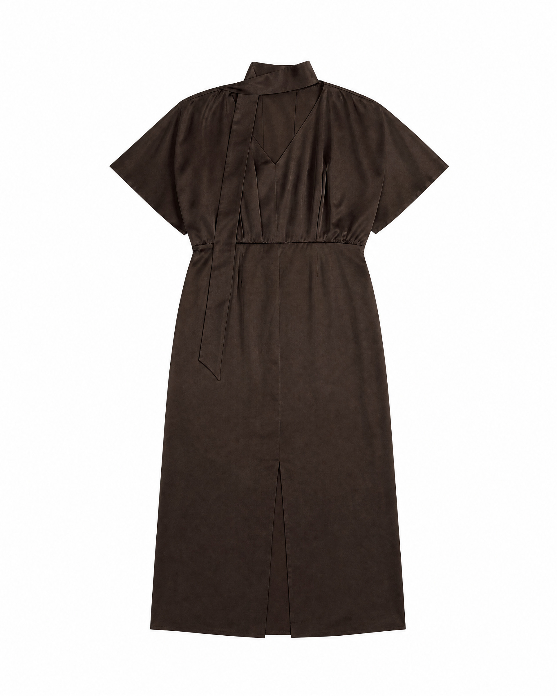 Brown satin maxi dress with a lavallière neckline