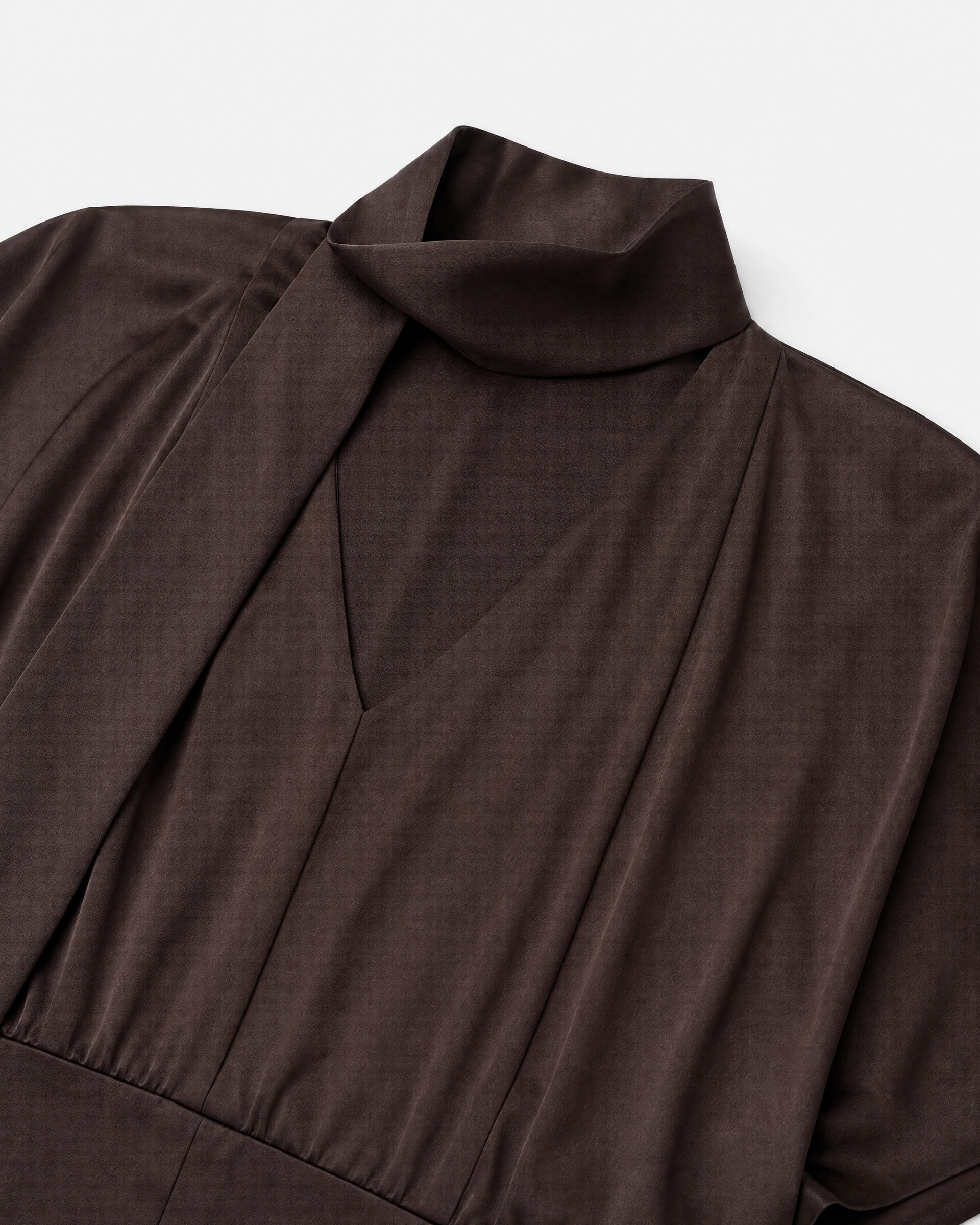 Brown satin maxi dress with a lavallière neckline