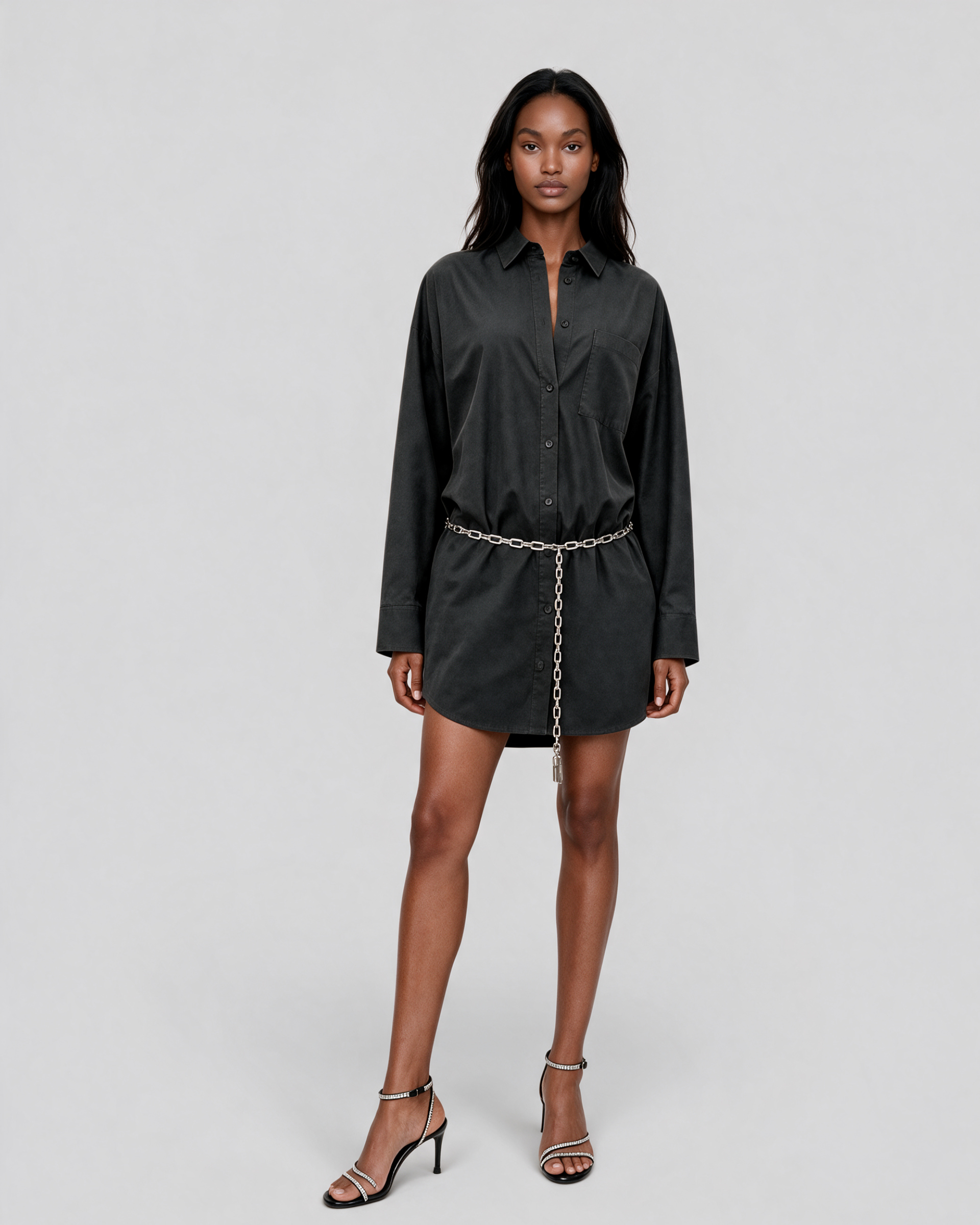 Short black cotton shirt dress