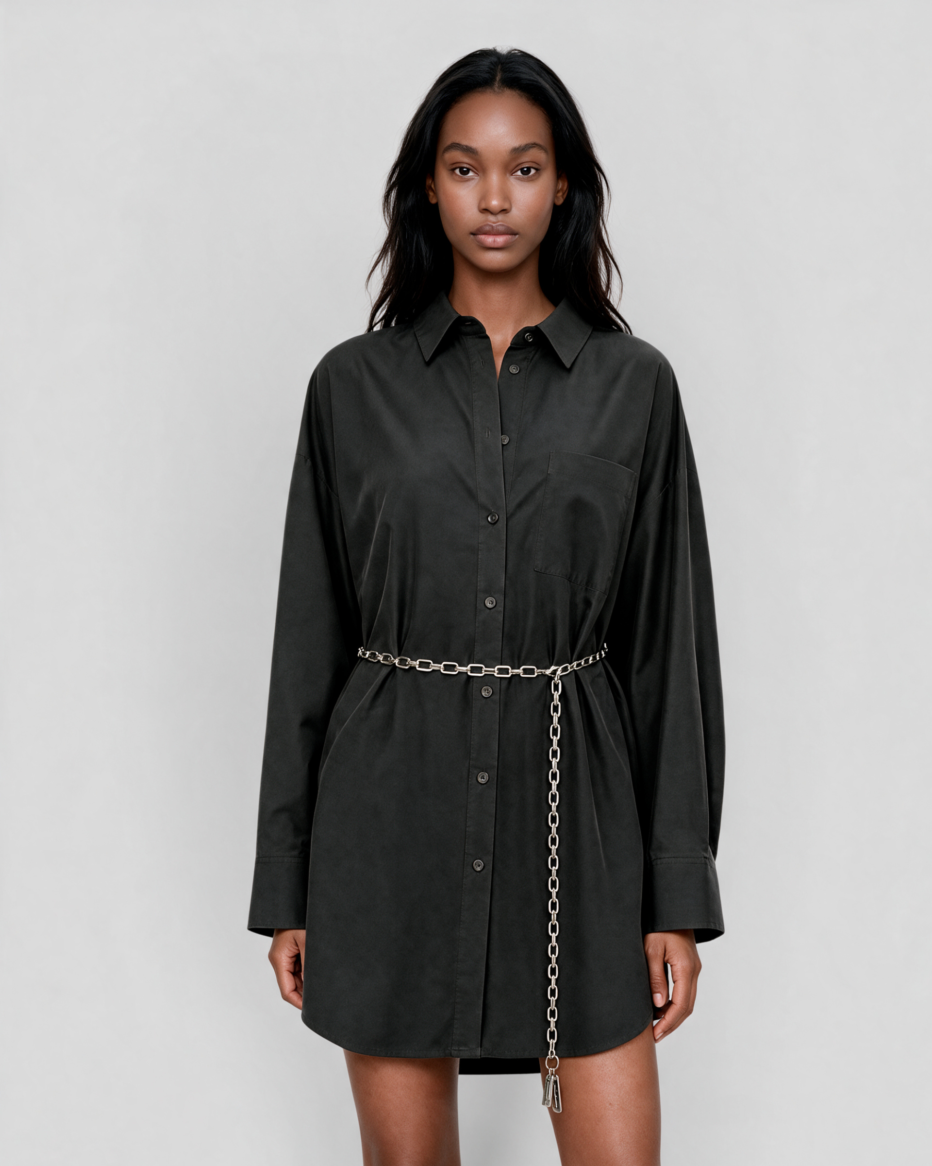 Short black cotton shirt dress