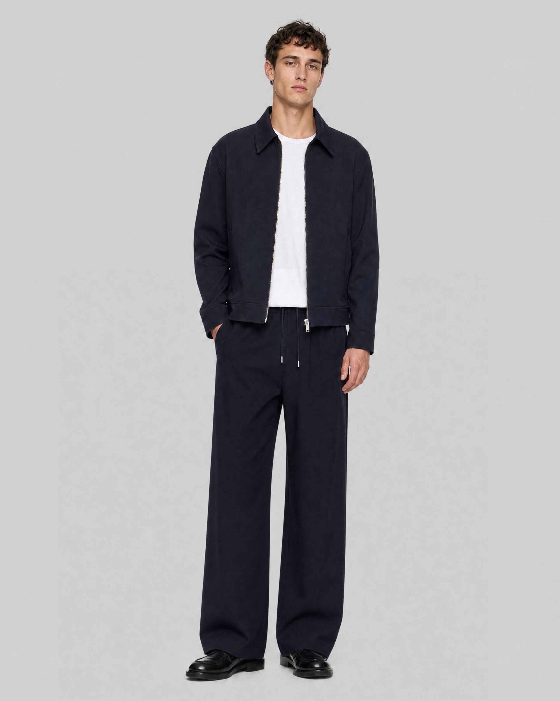 Straight-leg navy wool pants