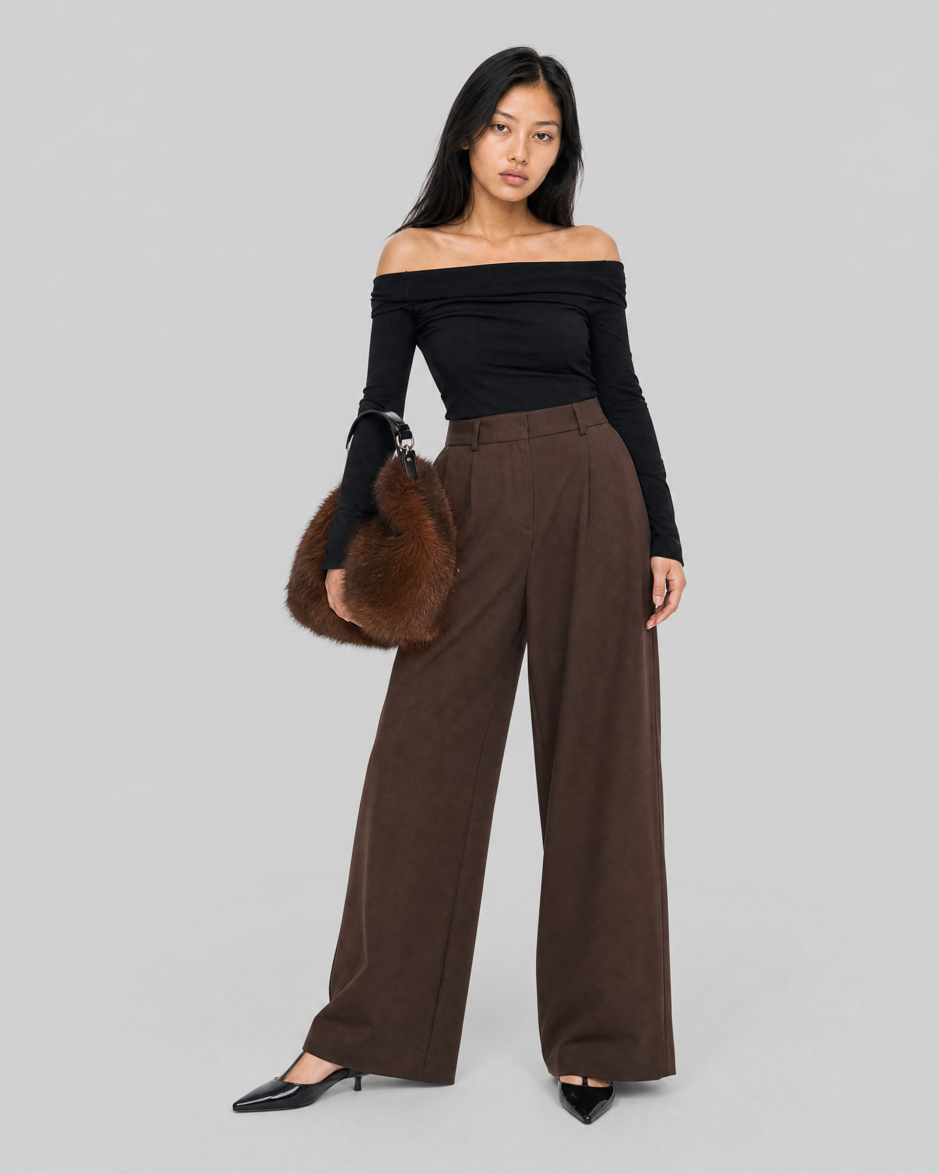 Wide-leg brown wool suit pants