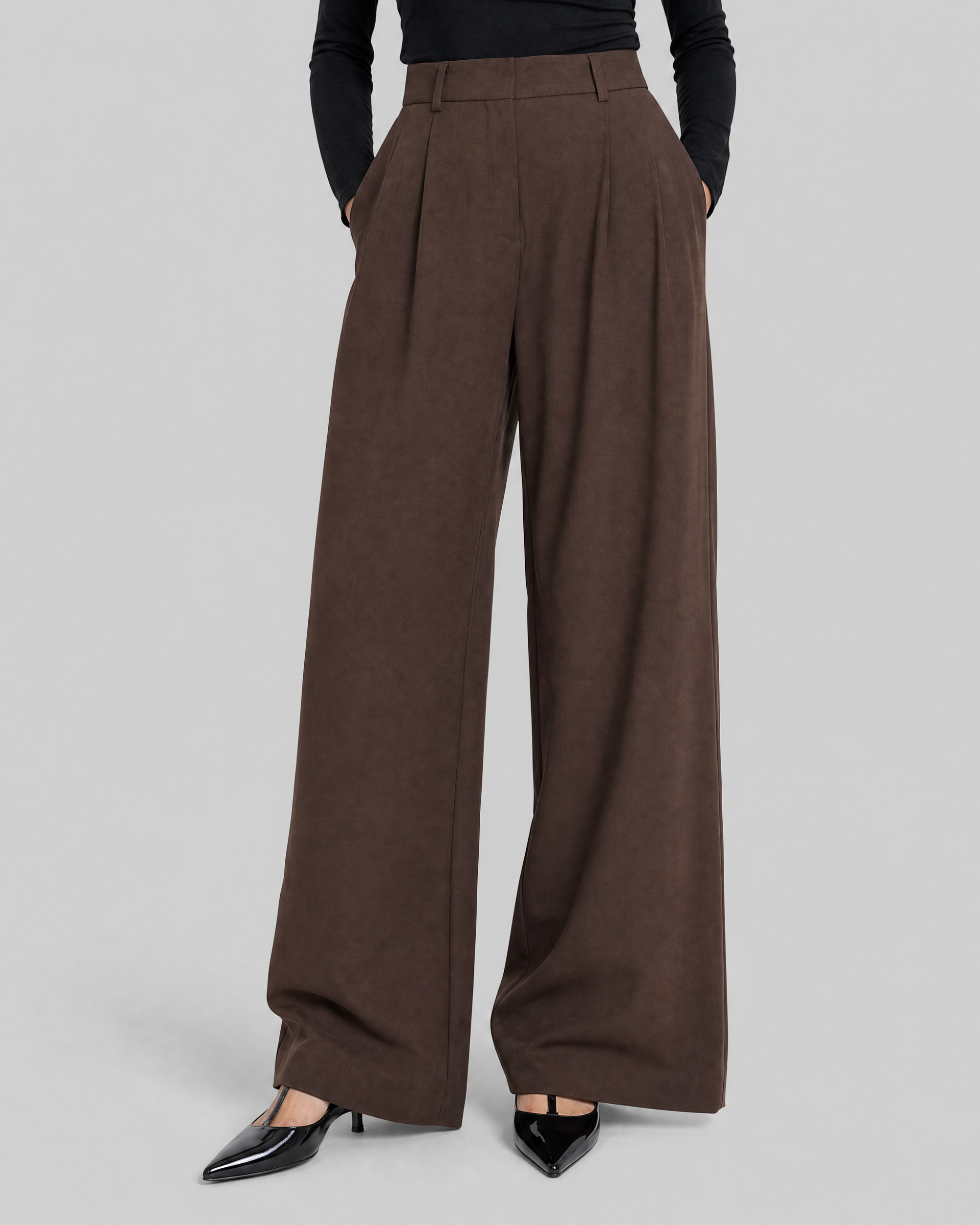 Wide-leg brown wool suit pants