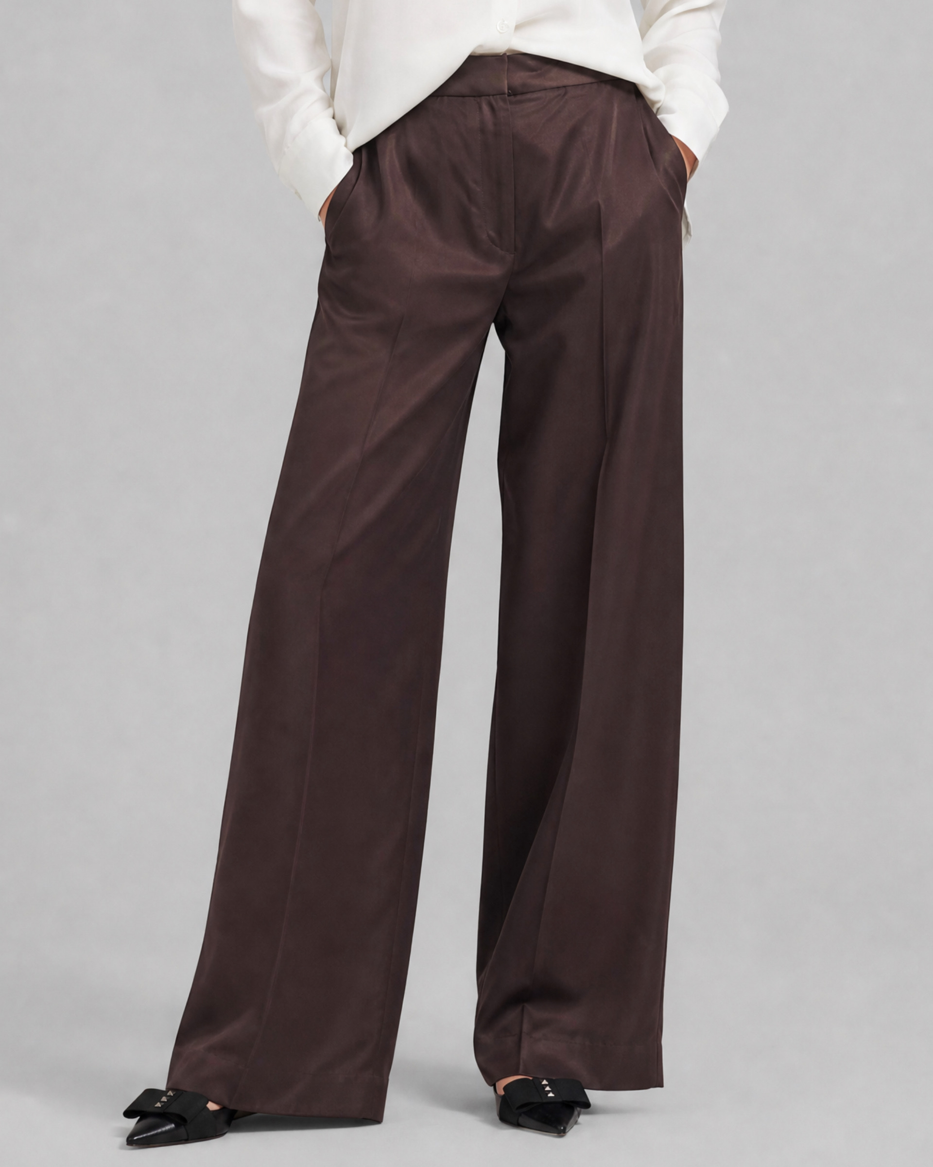 Wide-leg brown satin pants