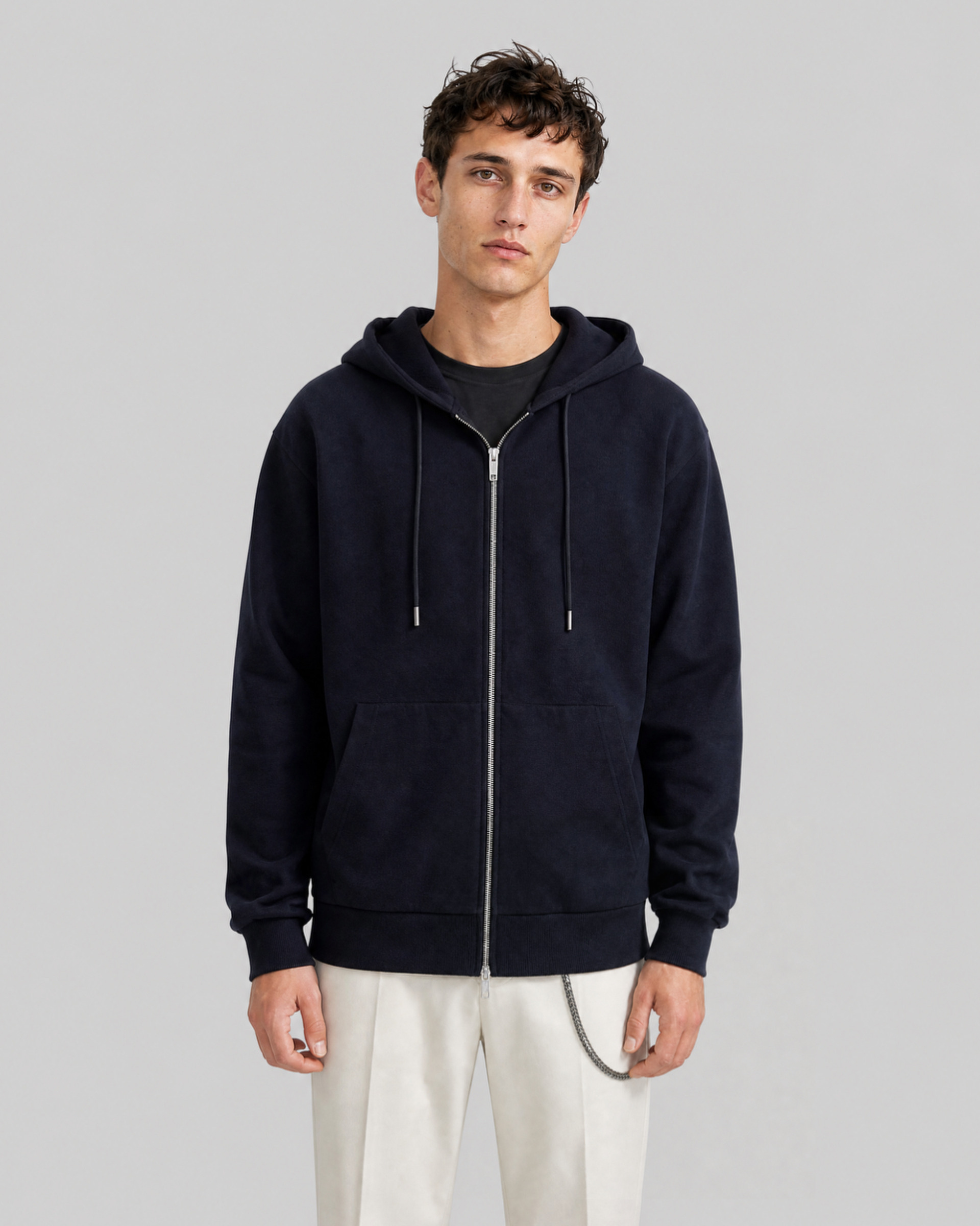 Navy Merino Wool Hooded Cardigan