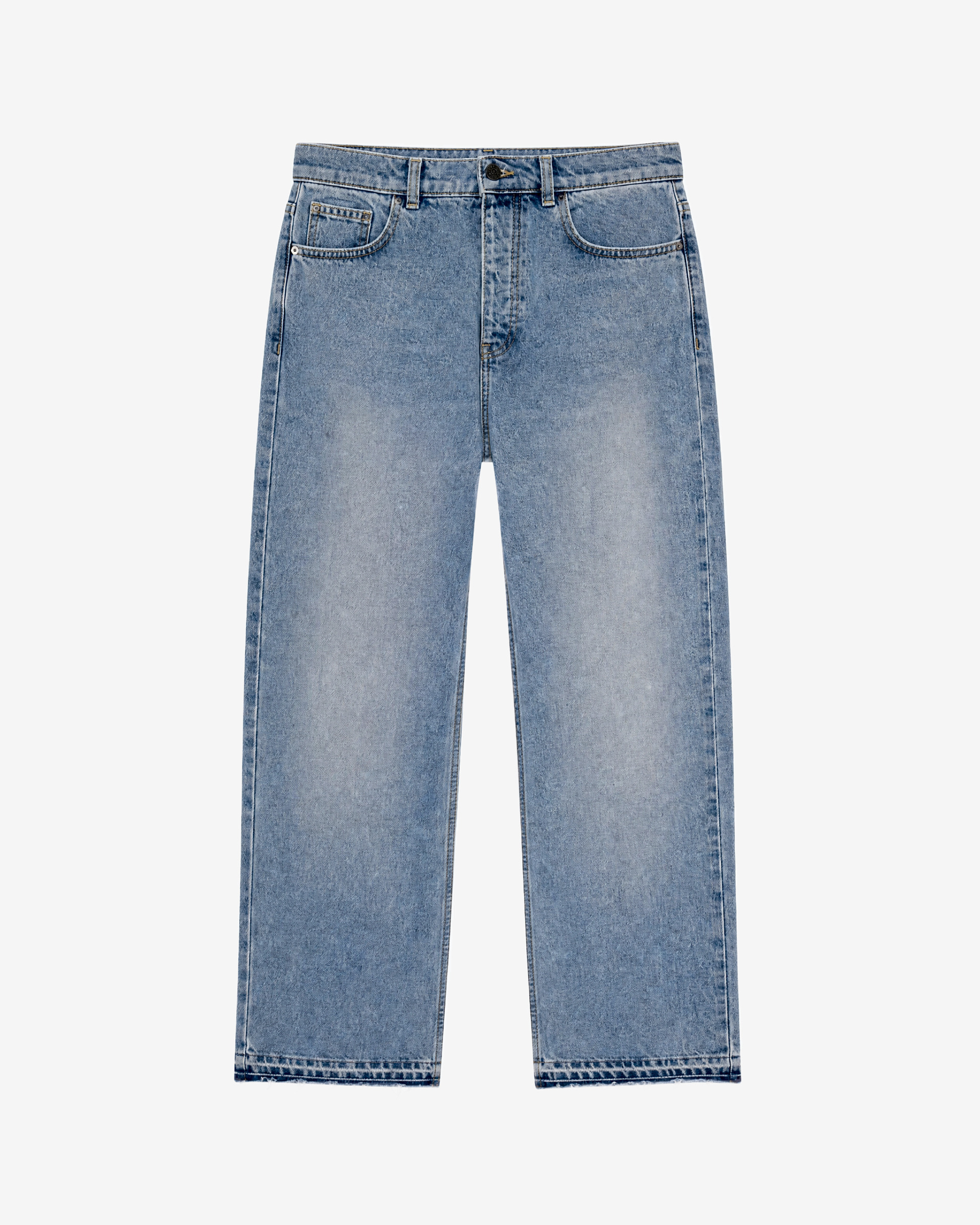 Light blue straight-leg jeans with raw-edge hems