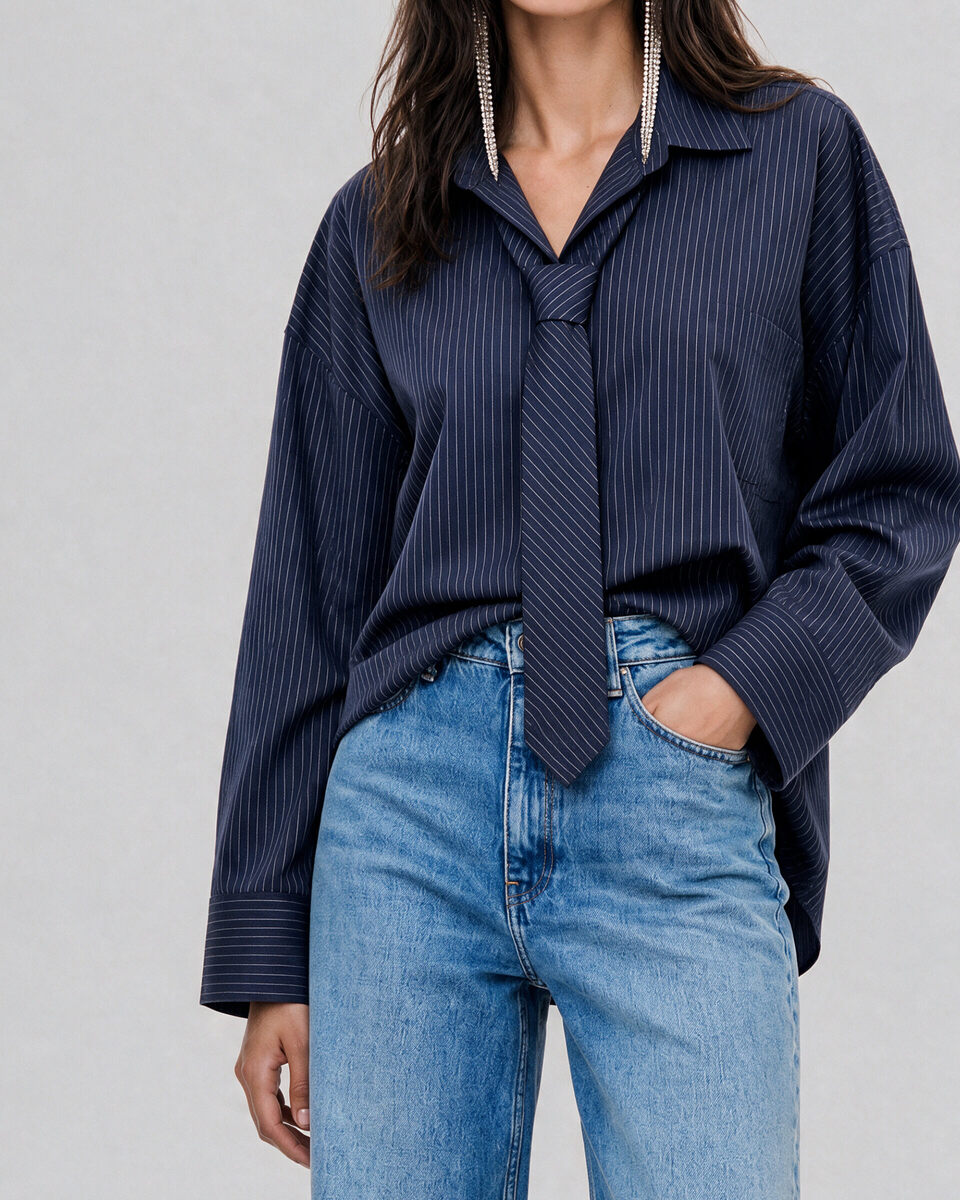Striped cotton shirt with a removable navy tie