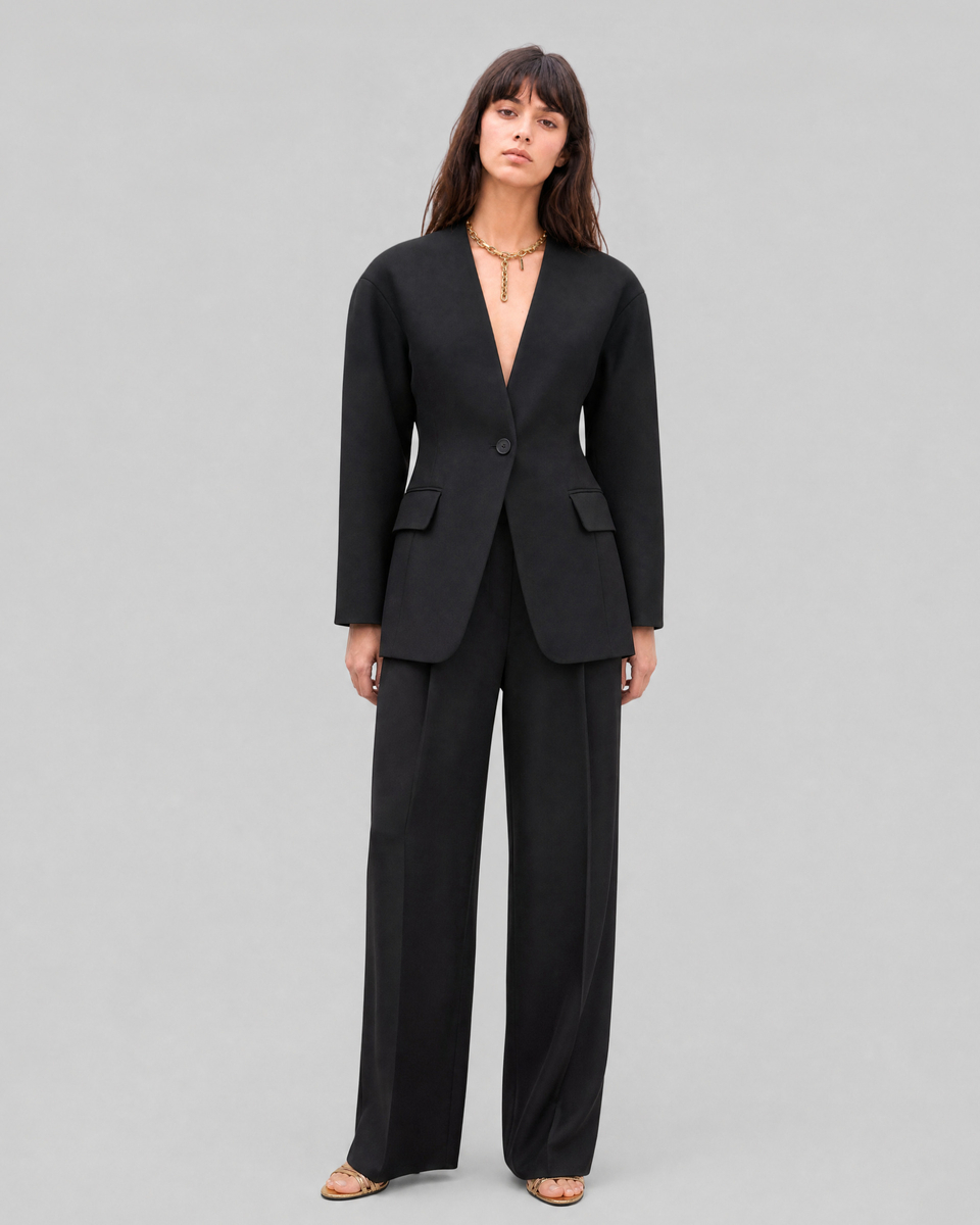Black collarless wool jacket