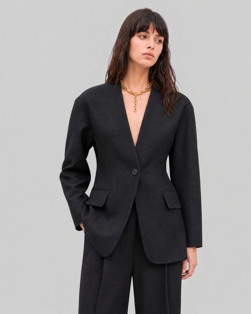 Black collarless wool jacket