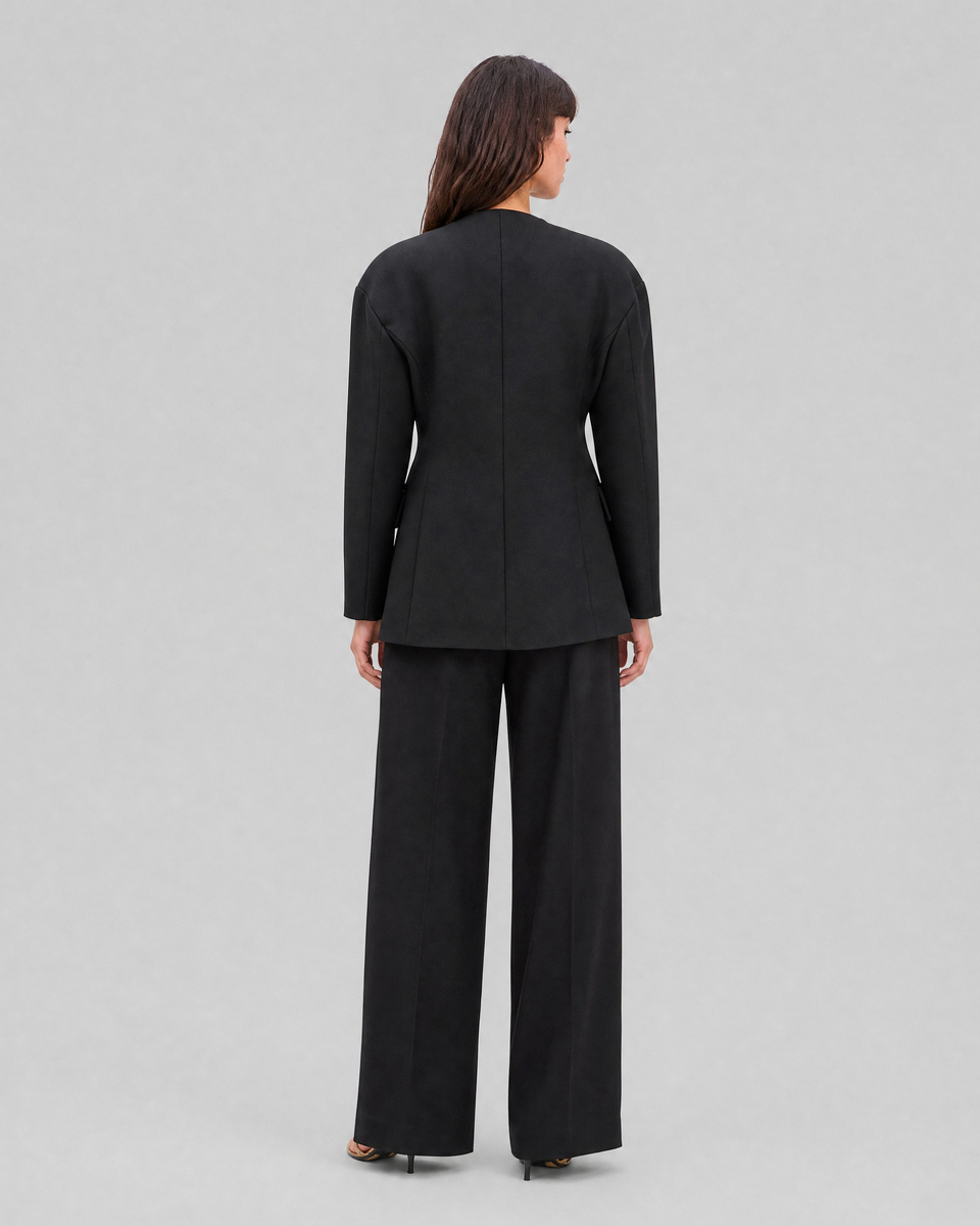 Black collarless wool jacket
