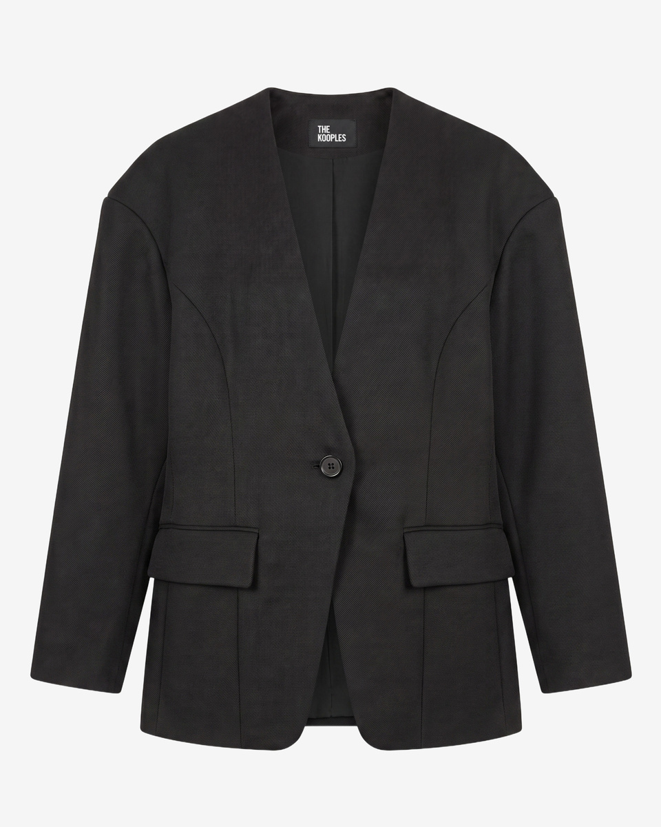 Black collarless wool jacket