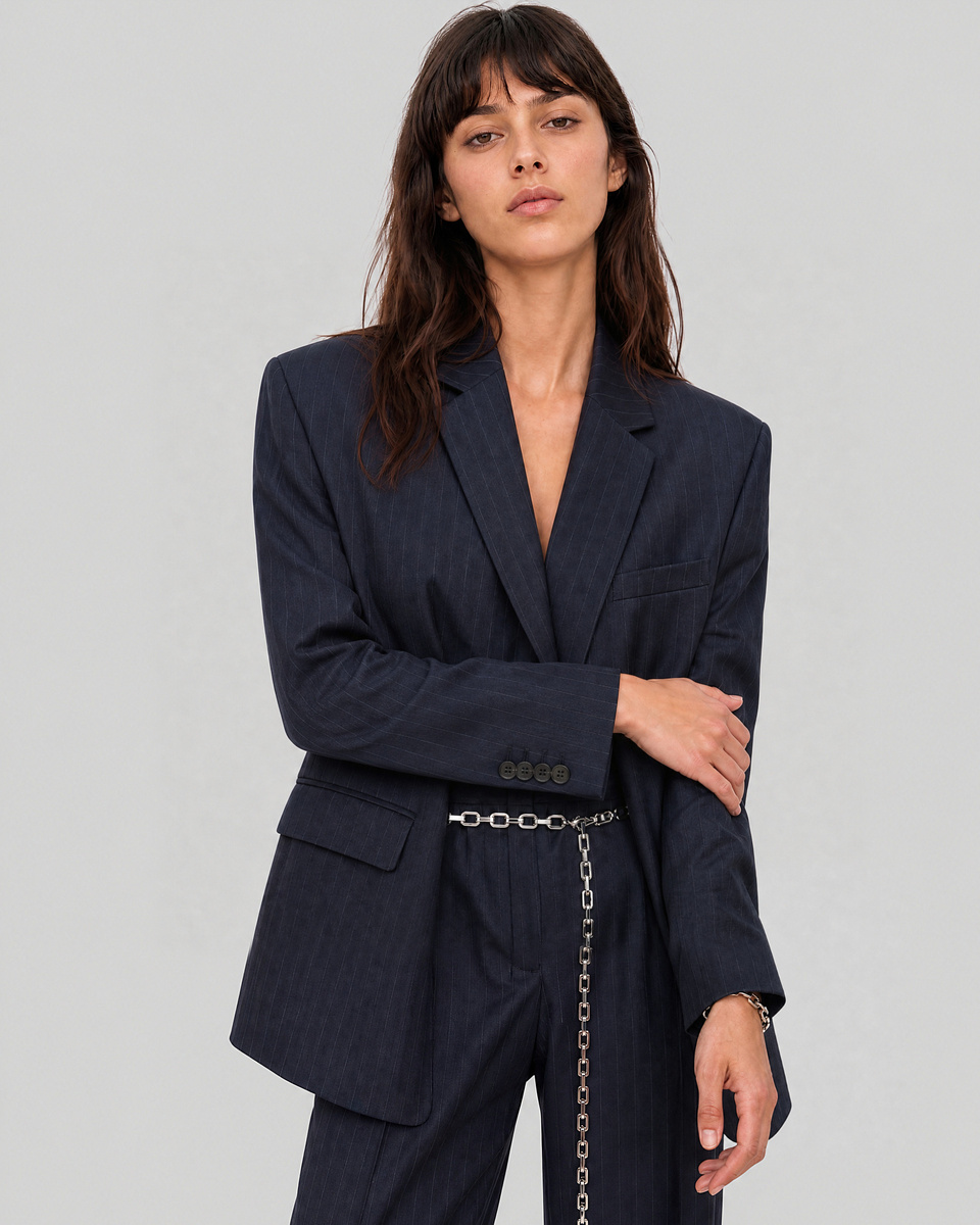 Loose-fitting wool blazer with a fine navy stripe pattern